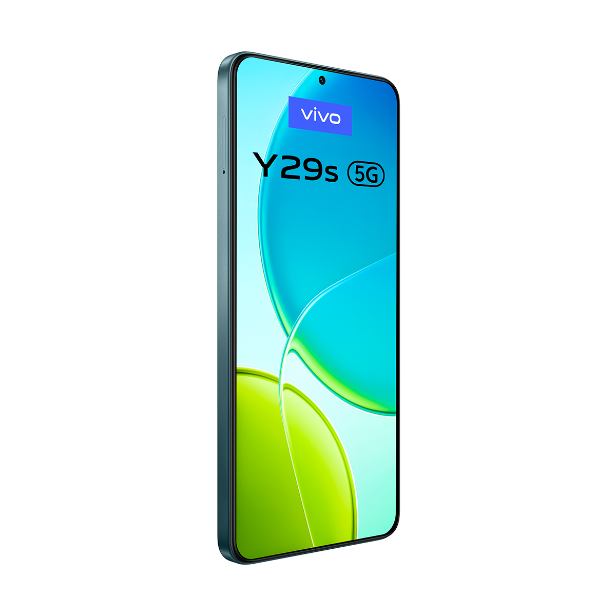 Turkuaz Vivo Y29s 5G akıllı telefon, ekranda turkuaz ve yeşil soyut tasarım. Üstte Vivo logosu, hafif açılı telefon.