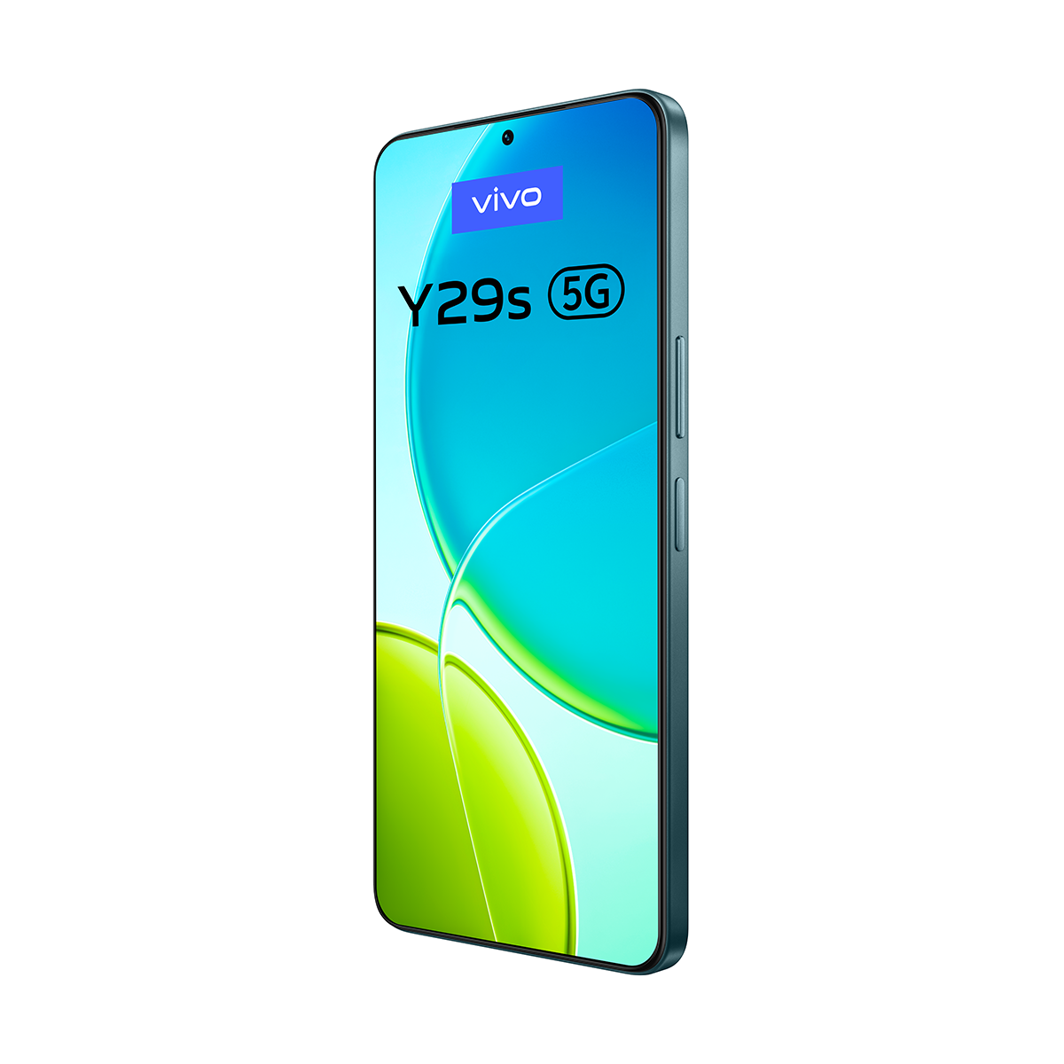 Turkuaz renkli bir Vivo Y29s 5G akıllı telefon gösteriliyor. Ekran turkuaz ve yeşil soyut bir tasarım sergiliyor. Vivo logosu görünür durumda.