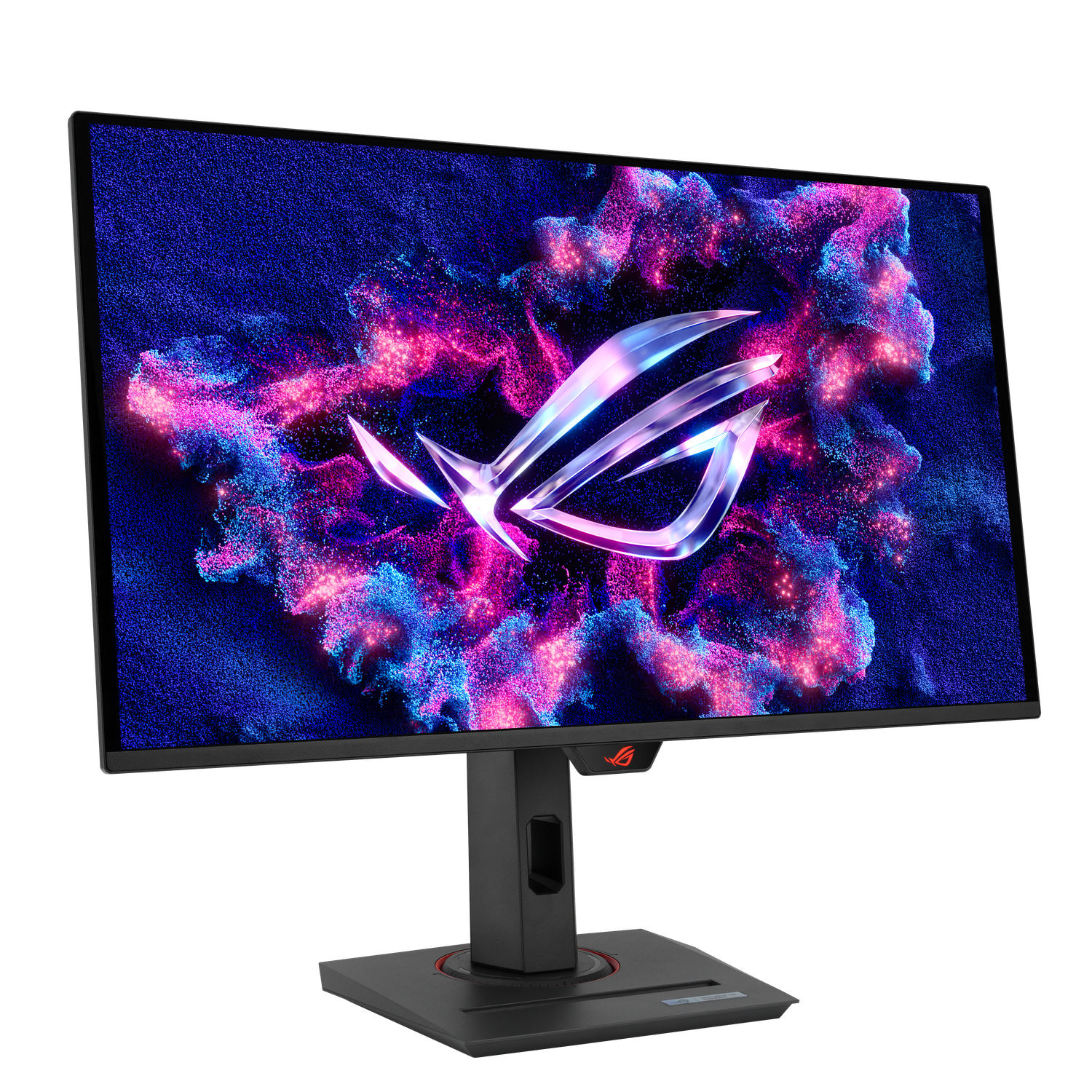 Zwarte computermonitor met ROG-logo op het scherm. Display toont abstracte blauwe, roze en paarse vormen. Monitor heeft een zwarte standaard.