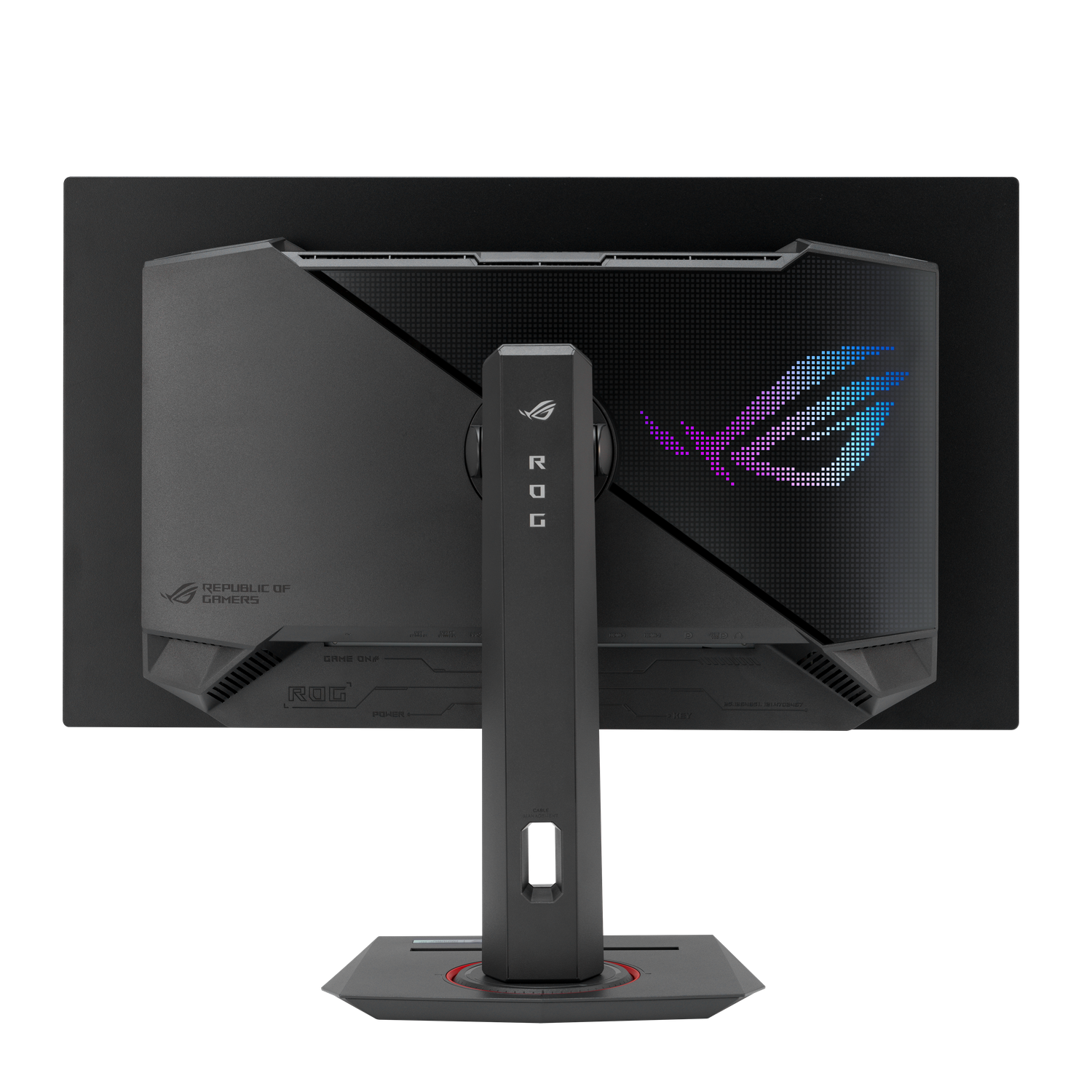 Achteraanzicht van een ASUS ROG gaming monitor. Het heeft een zwart frame, standaard en een patroon op de achterkant met het ROG-logo in blauw en paars.