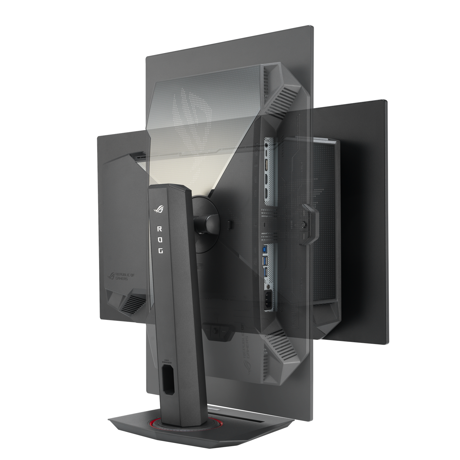 Een zwarte gaming monitor met ROG logo, die zijn achterpaneel met poorten en standaard op een zwarte achtergrond laat zien.