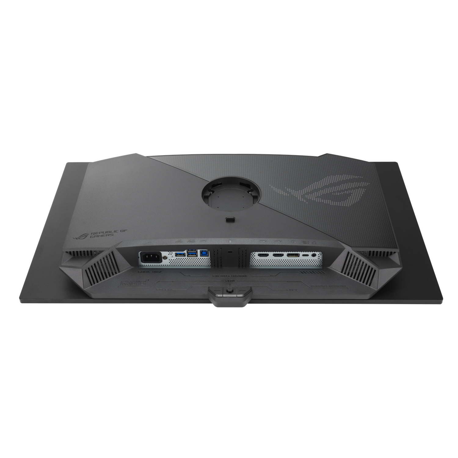 Achterkant van een zwarte computermonitor met poorten en het ROG-logo. De monitor staat op een zwart oppervlak, met een zwarte achtergrond.