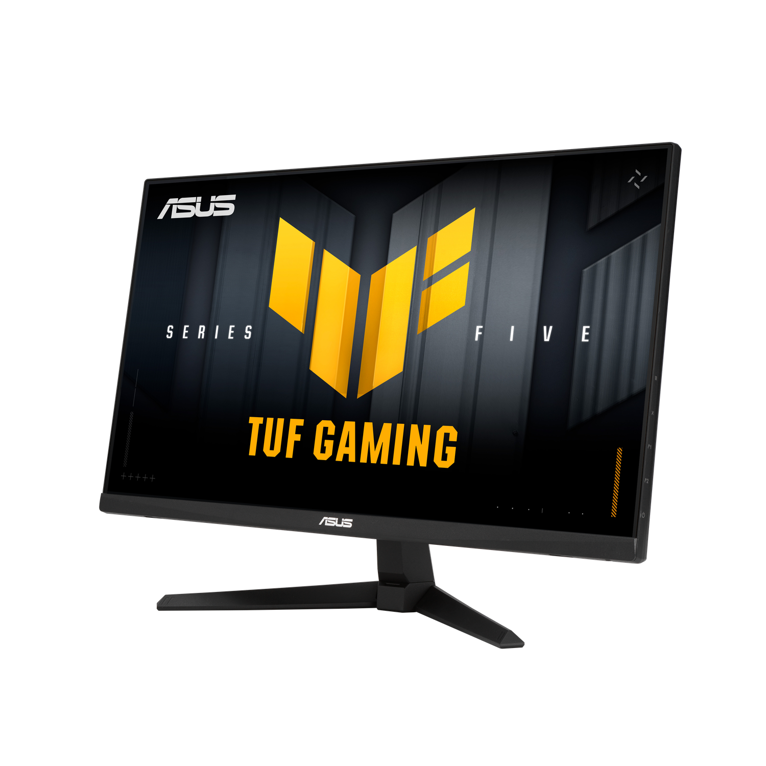 Un moniteur ASUS TUF Gaming sur fond noir. L'écran affiche un logo jaune et noir avec les mots TUF GAMING.