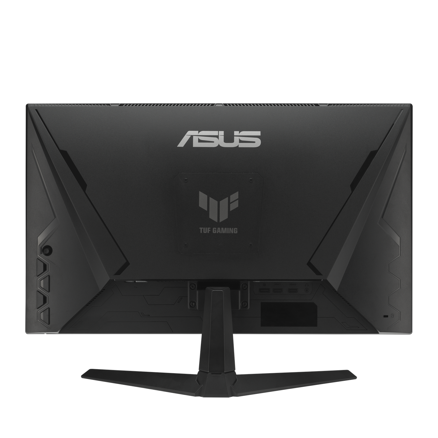 Dos de l'écran ASUS TUF Gaming noir. Le logo ASUS est en haut, le logo TUF Gaming en dessous. Ports et support sont visibles.