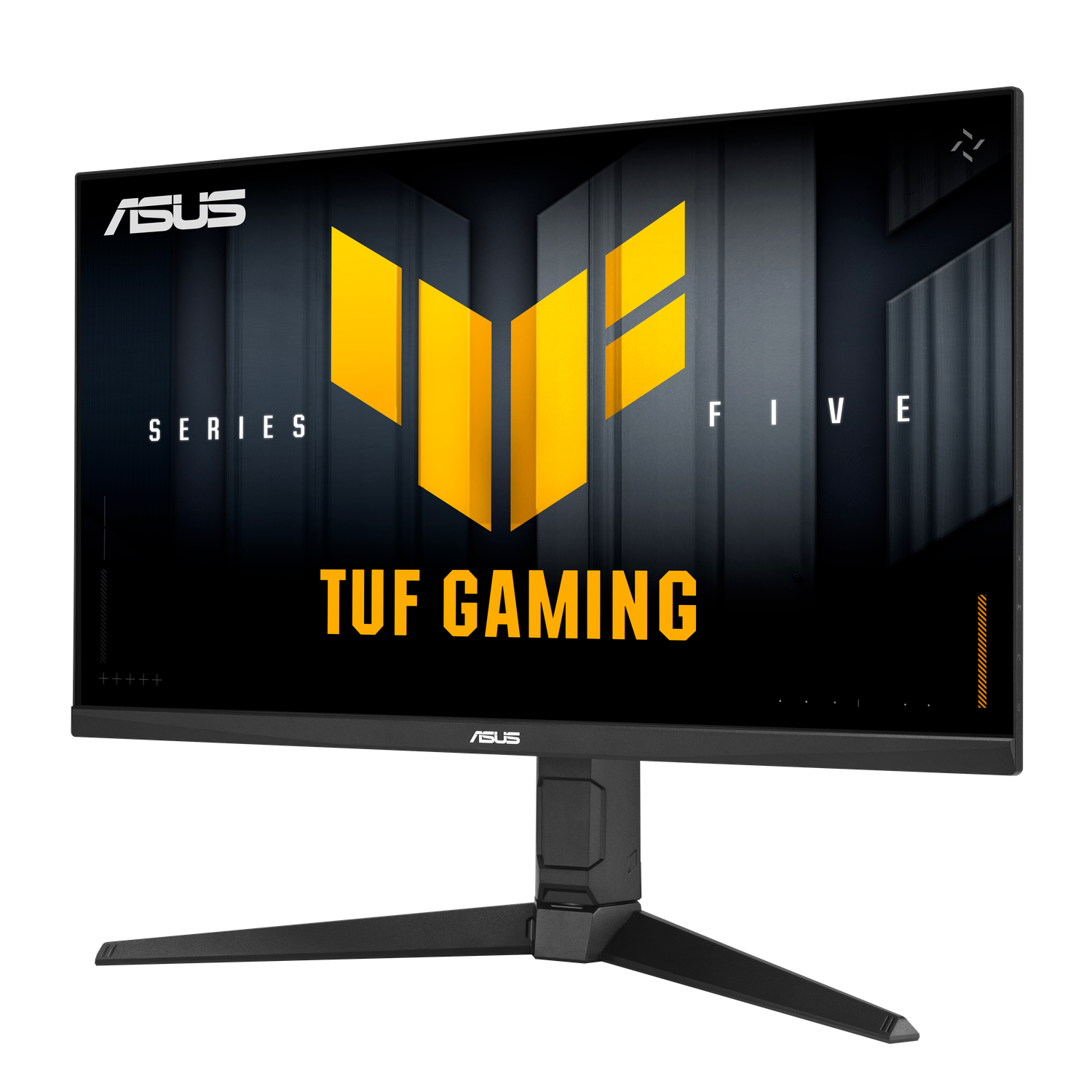 ASUS TUF Gaming monitor. Voorzien van een zwarte standaard, rand en scherm. Het scherm toont het ASUS-logo en de tekst TUF GAMING in geel.