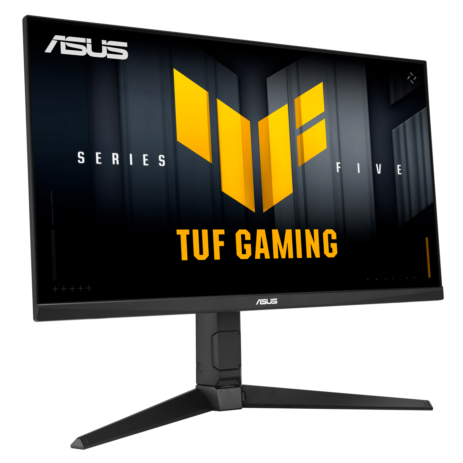 Een zwarte ASUS TUF Gaming monitor. Het scherm toont een geel logo op een donkere achtergrond. De standaard is zwart en heeft een uniek ontwerp.