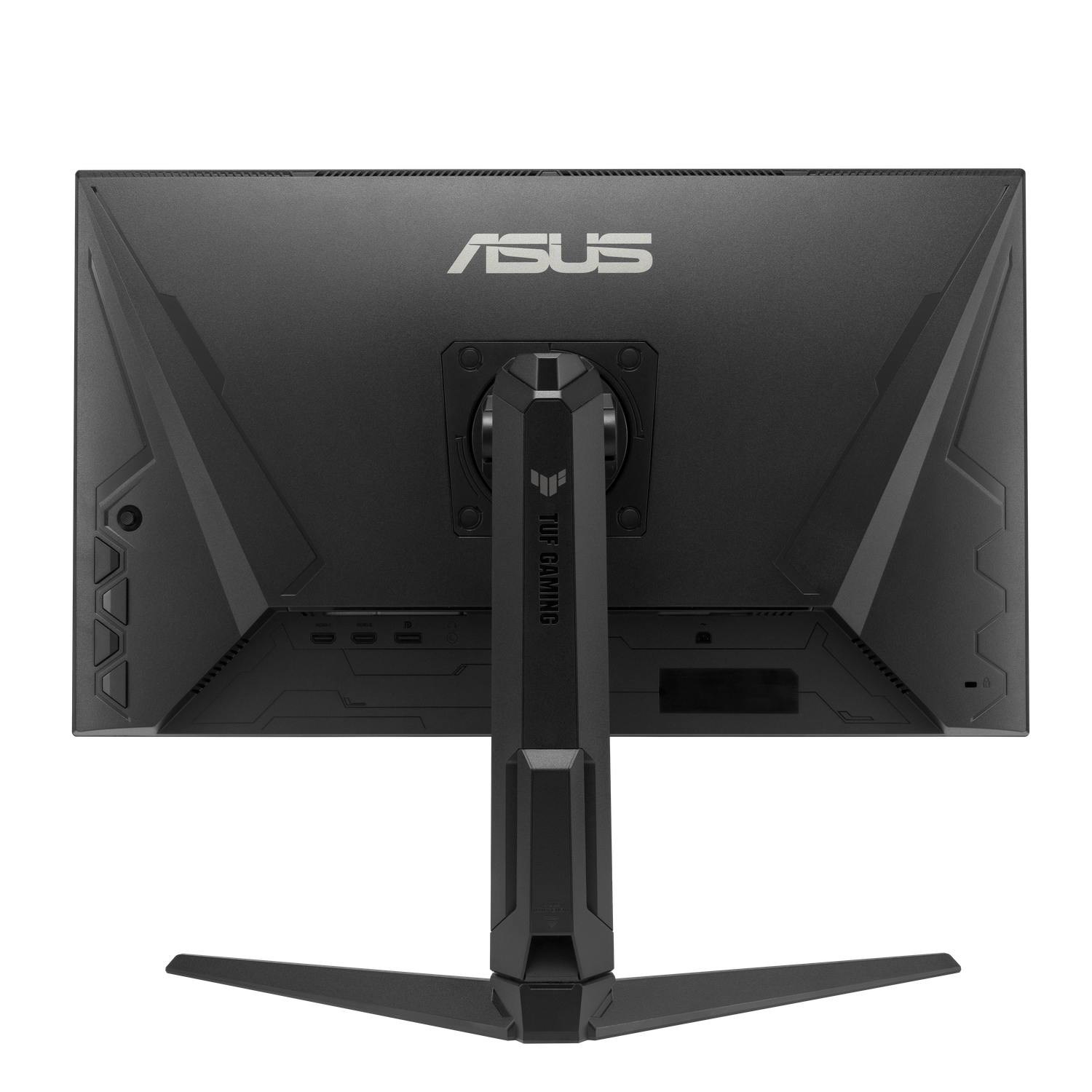 Een zwarte ASUS TUF Gaming monitor. Hij heeft een standaard, poorten en het ASUS-logo. De achterkant is zichtbaar.