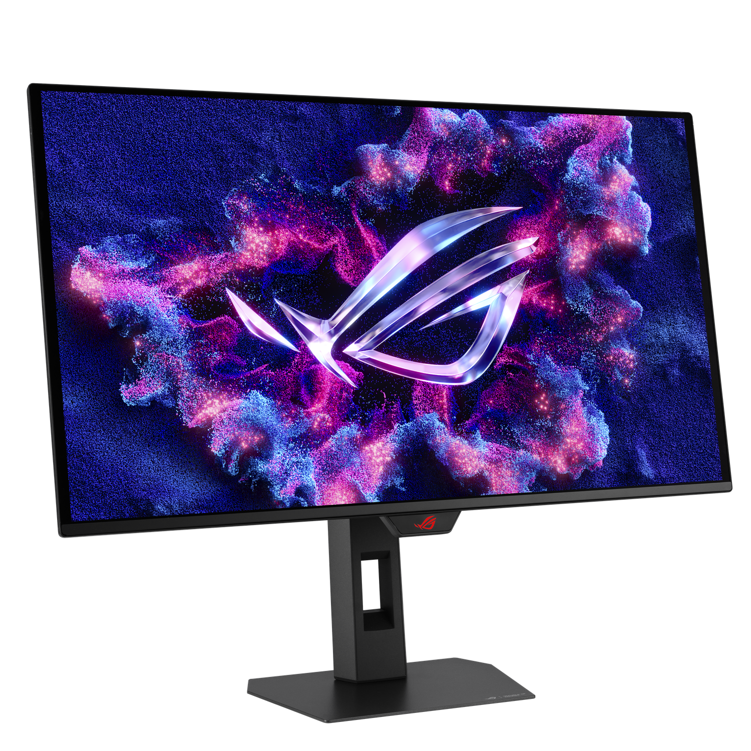 Een monitor met een kleurrijke abstracte afbeelding met het ROG-logo. Zwart met een standaard, tegen een zwarte achtergrond.