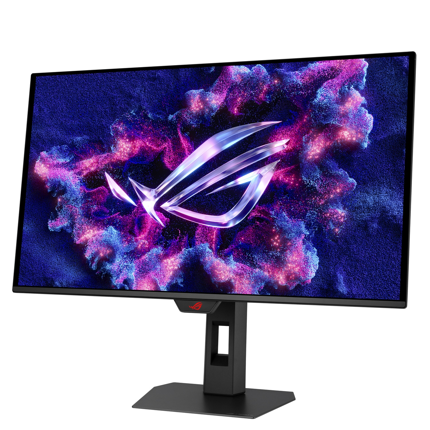 Een zwarte computermonitor toont een kleurrijk abstract ontwerp. De standaard is zwart met een rood ROG-logo.
