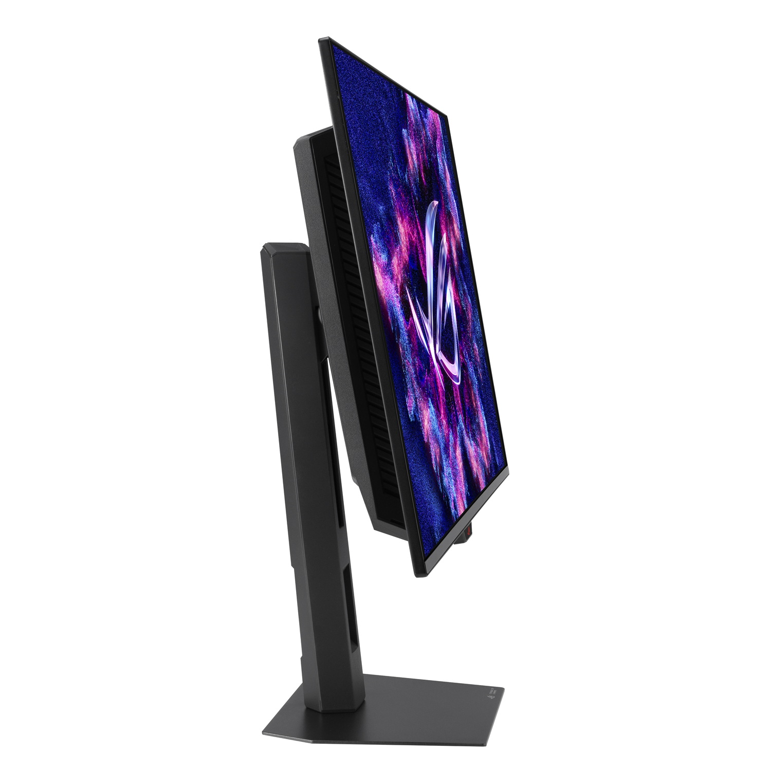 Een zwarte computermonitor op een standaard. Het scherm toont een abstracte paarse en blauwe afbeelding. De standaard is ook zwart.