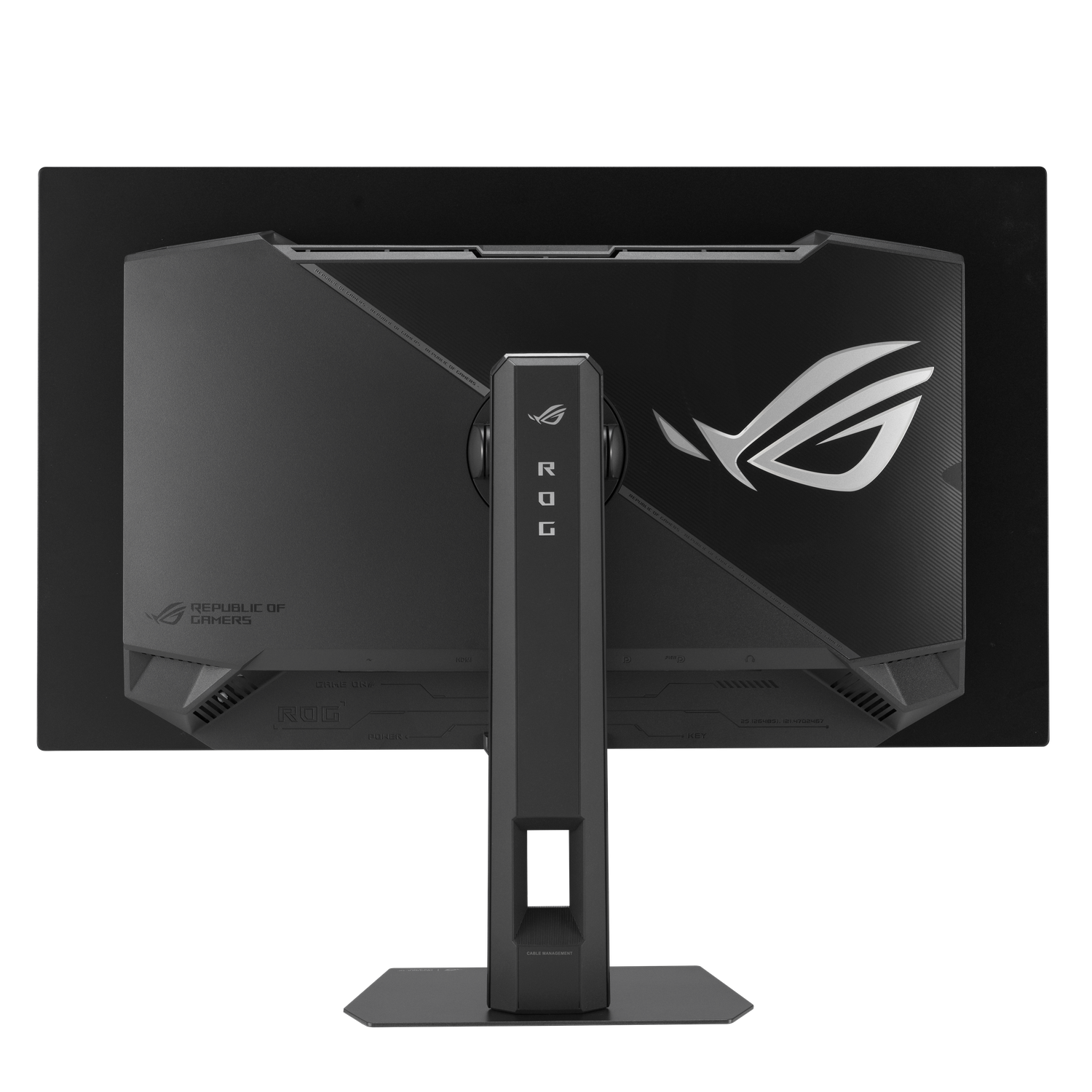 Achterkant van een zwarte ROG gaming monitor. De standaard, branding en poorten zijn zichtbaar. Zilveren logo rechts.