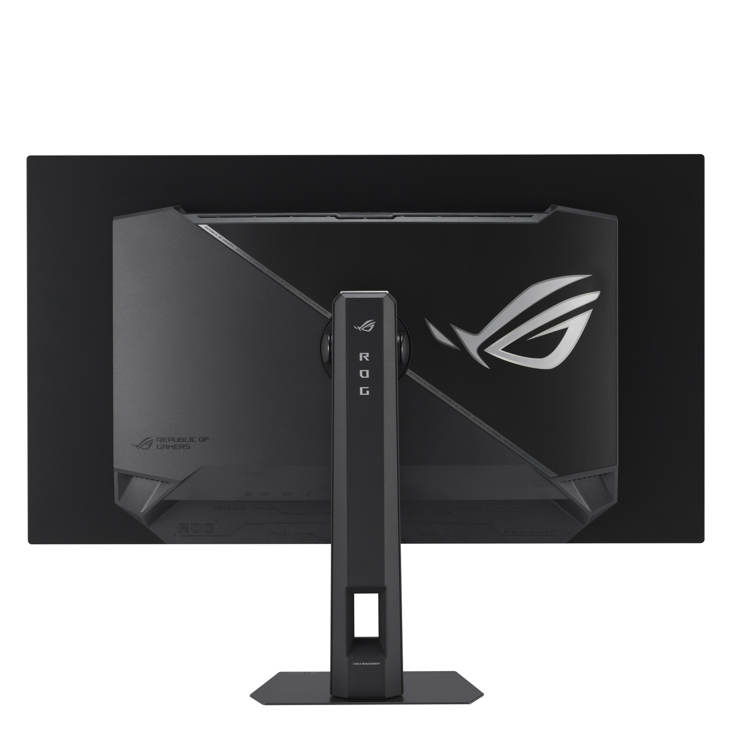 Vue arrière d'un écran d'ordinateur noir avec le logo ROG. Le support est noir et a une base rectangulaire. L'écran a une finition mate.