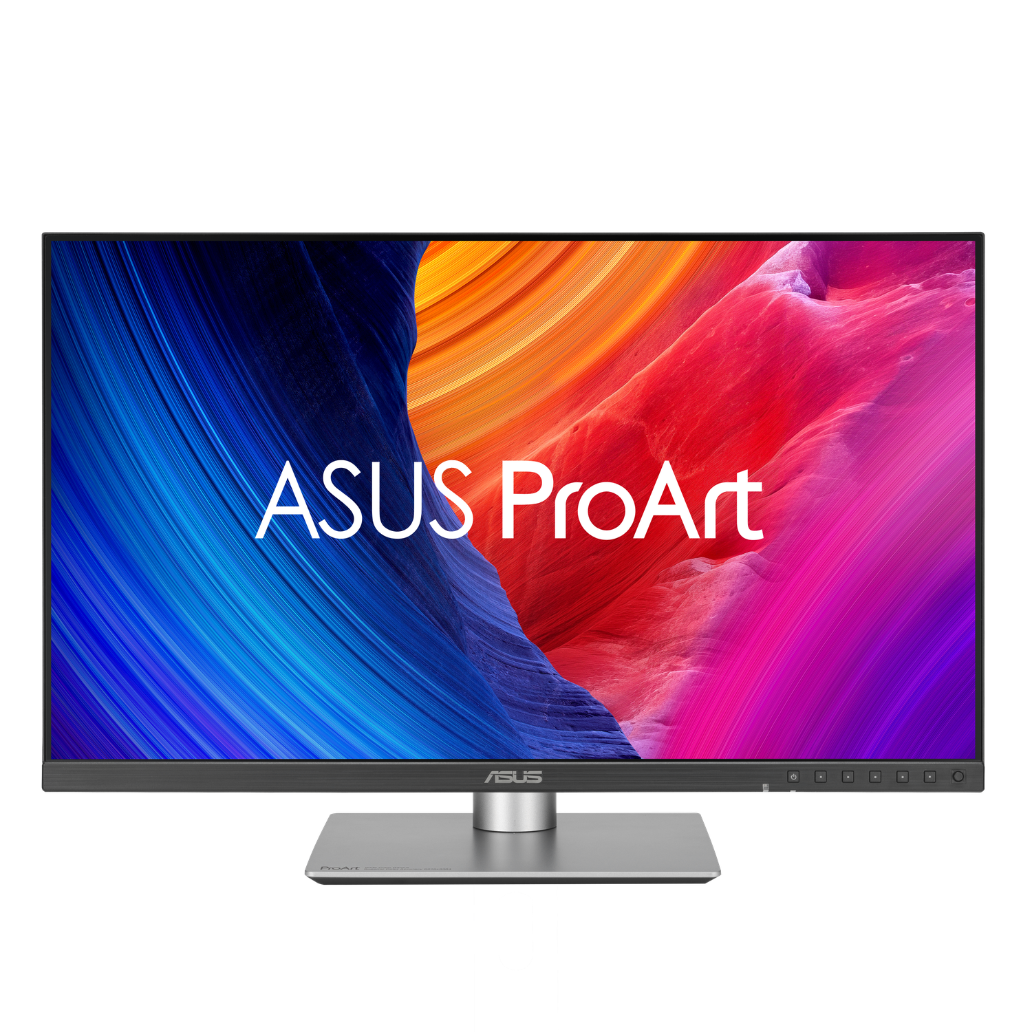 Moniteur ASUS ProArt sur fond noir. L'écran affiche un art abstrait bleu, rouge et violet. Le support est argenté.