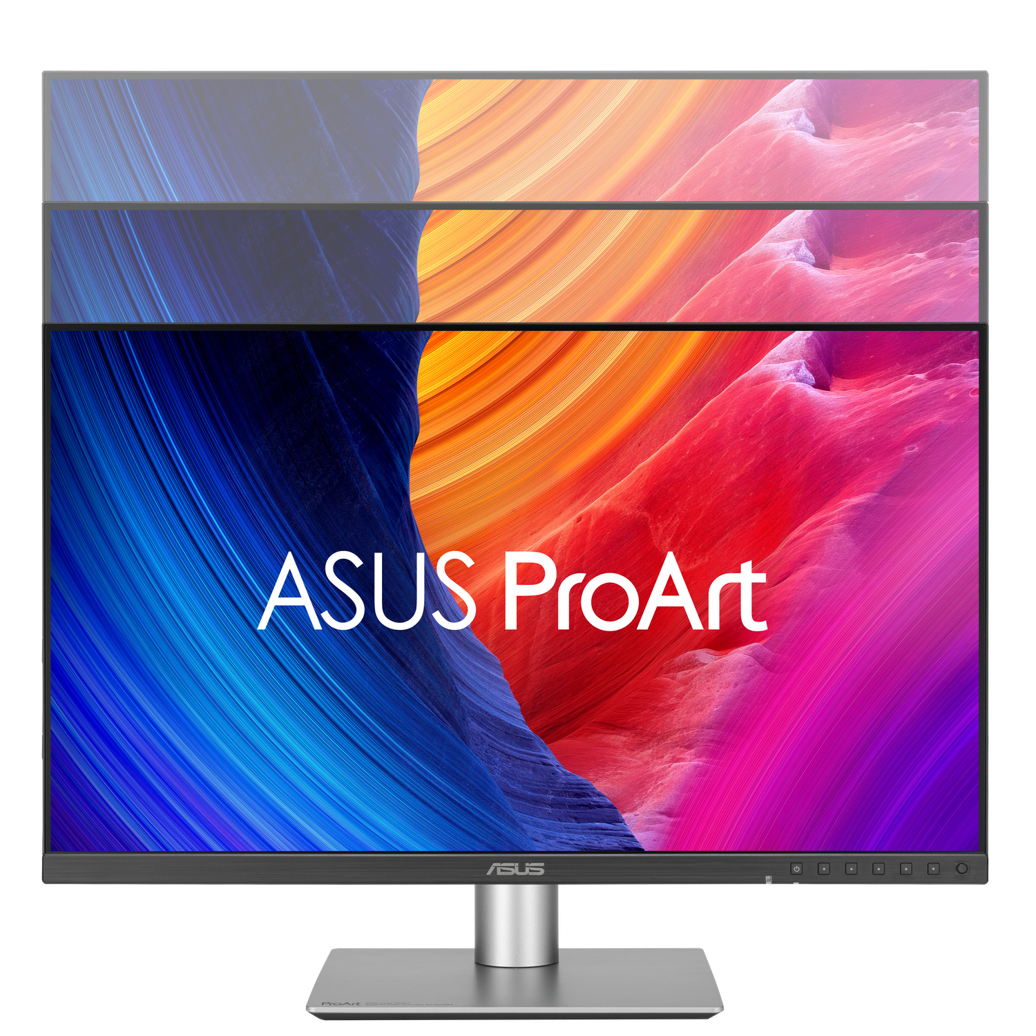 Moniteur ASUS ProArt. L'écran affiche un design abstrait coloré, avec des teintes bleues, oranges et rouges. Il a une base argentée.