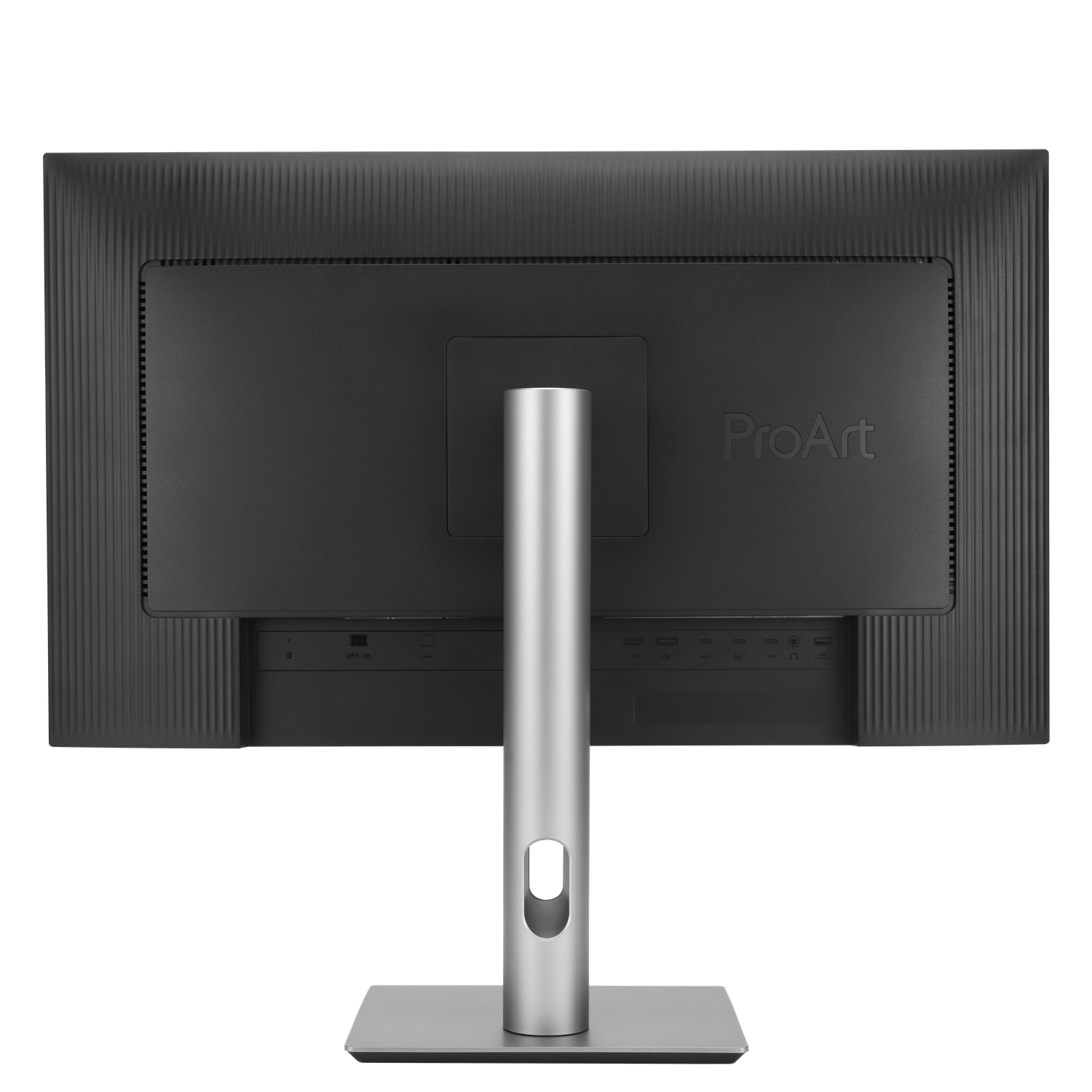 Arrière d'un moniteur noir. Support argenté. Le mot "ProArt" est visible. Ports en bas. Le fond est noir.