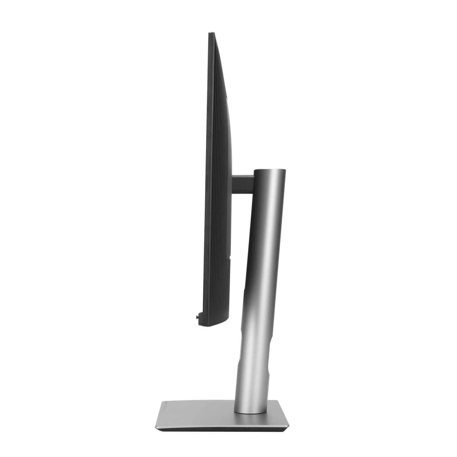 Vue latérale d'un moniteur d'ordinateur argenté. L'écran est noir et le support est métallique avec une base rectangulaire.