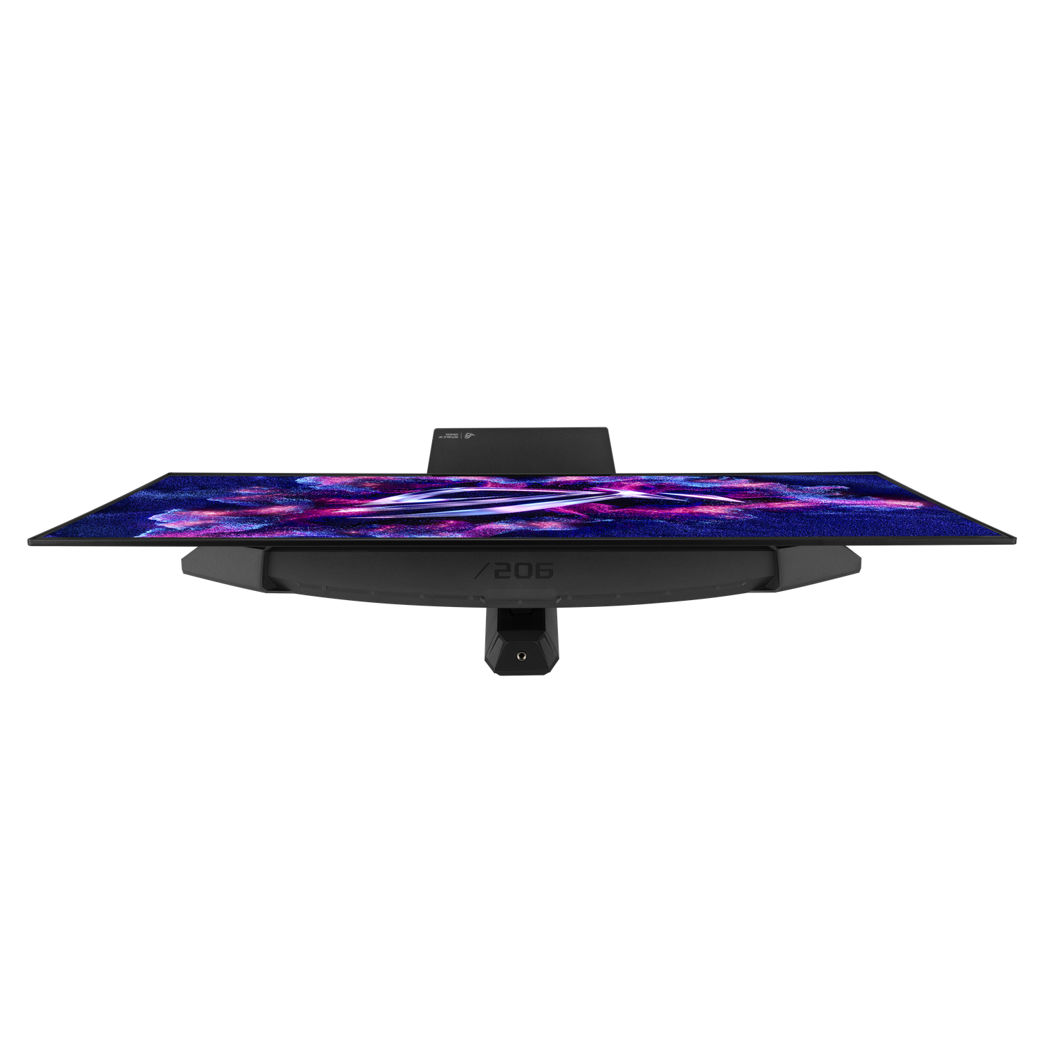 Een bovenaanzicht van een zwarte computermonitor. Het scherm toont een kleurrijk abstract patroon. De basis heeft een standaard.