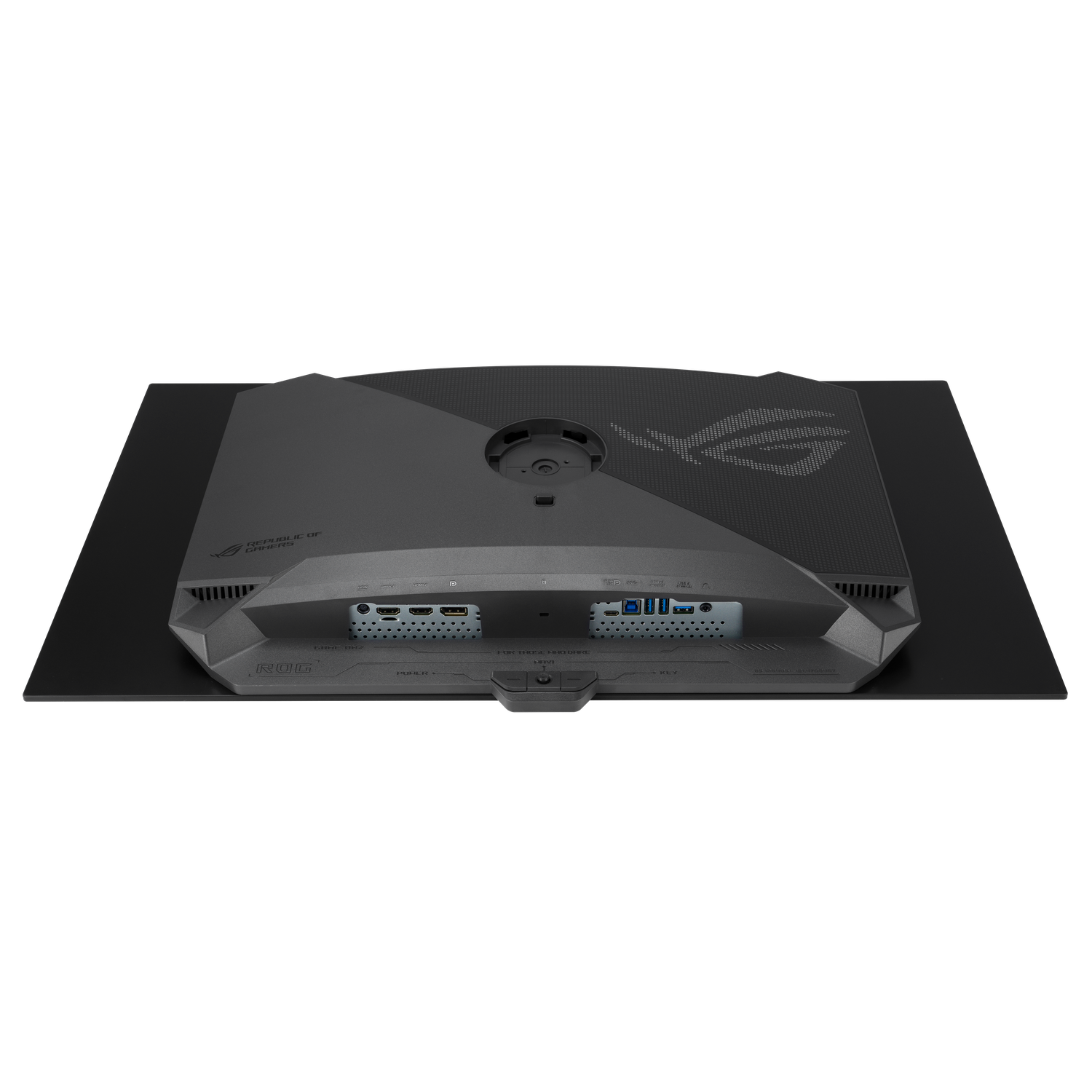 Achteraanzicht van een zwarte gaming monitor. Het heeft poorten, een standaardaansluiting en het Republic of Gamers logo. De achtergrond is zwart.
