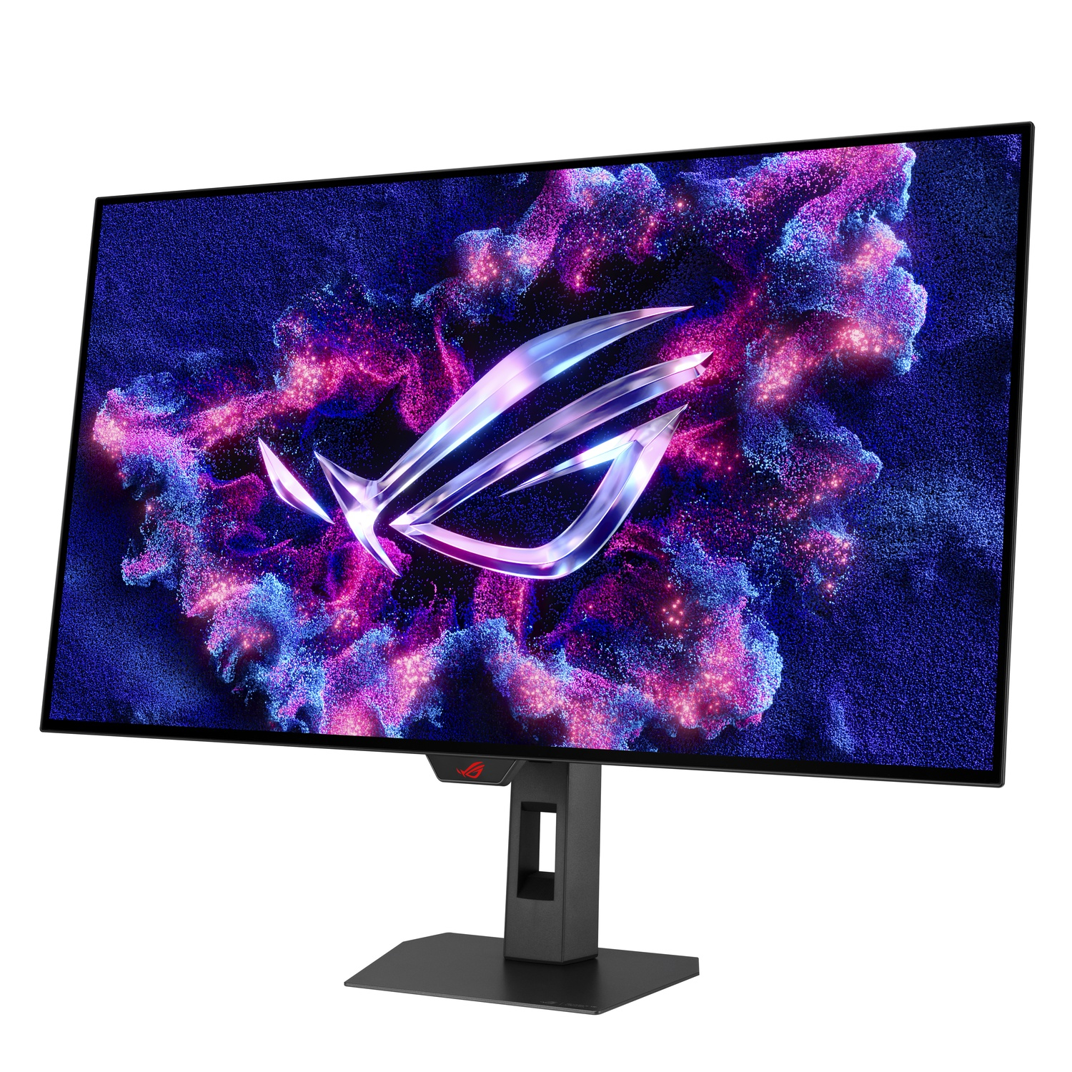 Un moniteur avec un cadre et un support noirs. L'écran affiche un design abstrait coloré avec le logo ROG au centre.