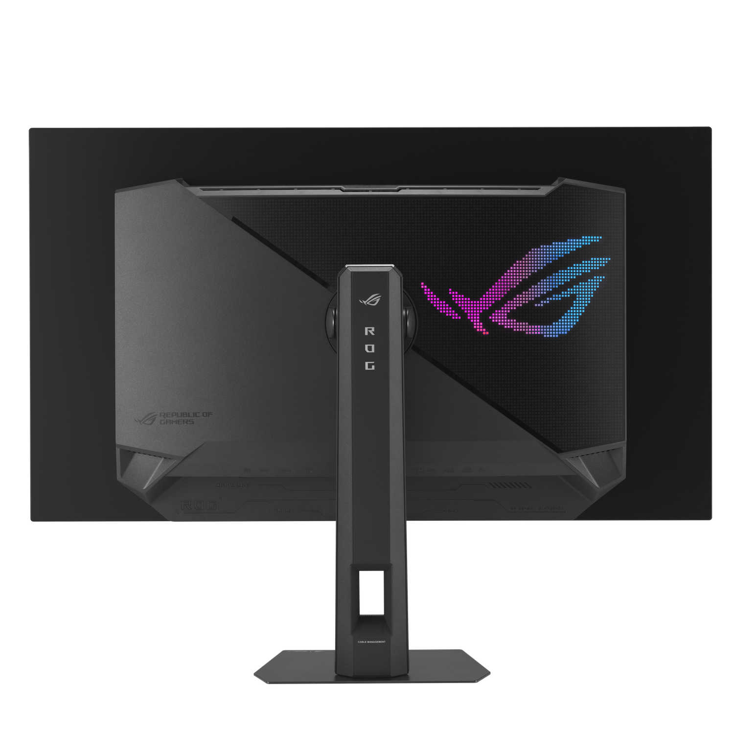 Vue arrière d'un écran de jeu noir. Il porte le logo ROG et la marque Republic of Gamers. Le support est vertical.