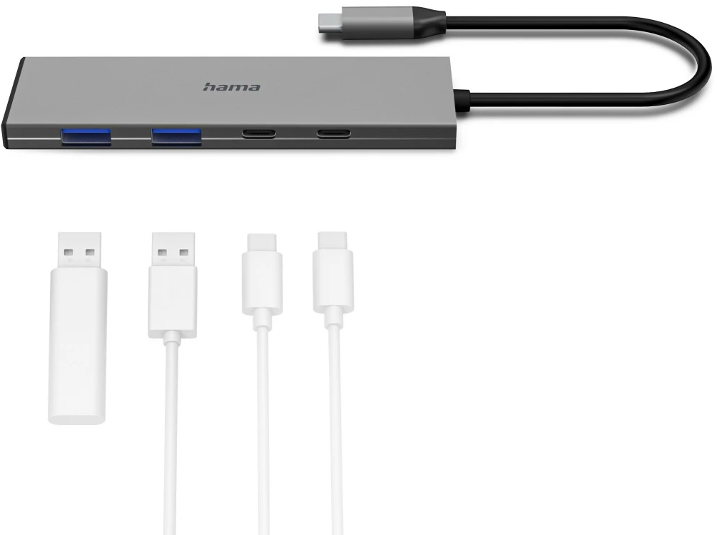 Ein silberner Hama USB-C-Hub mit angeschlossenem Kabel. Darunter vier weiße Kabel mit USB- und USB-C-Anschlüssen. Weißer Hintergrund.