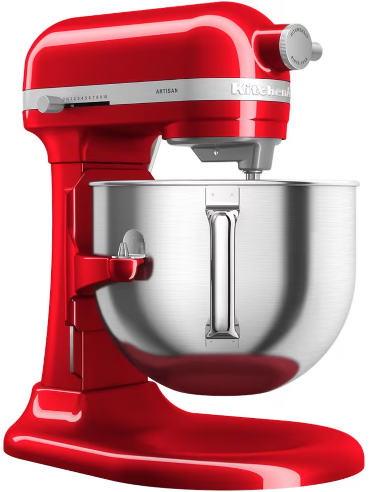 Un robot da cucina KitchenAid Artisan rosso. Ha una ciotola in acciaio inox e un quadrante numerato. Il marchio è visibile.
