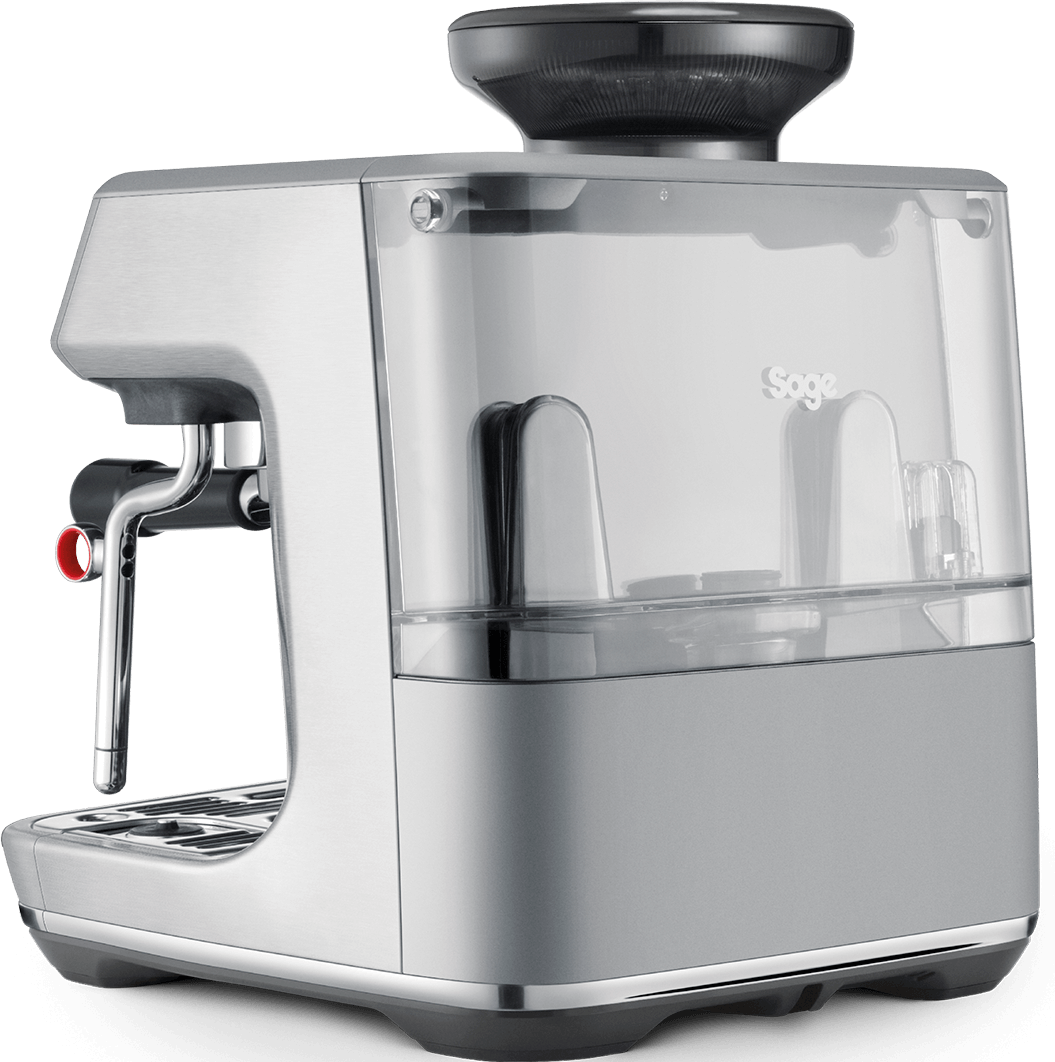 Silberne Espressomaschine mit transparentem Wassertank. Sie hat einen schwarzen Deckel und einen roten Griff. Das Sage-Logo ist sichtbar.