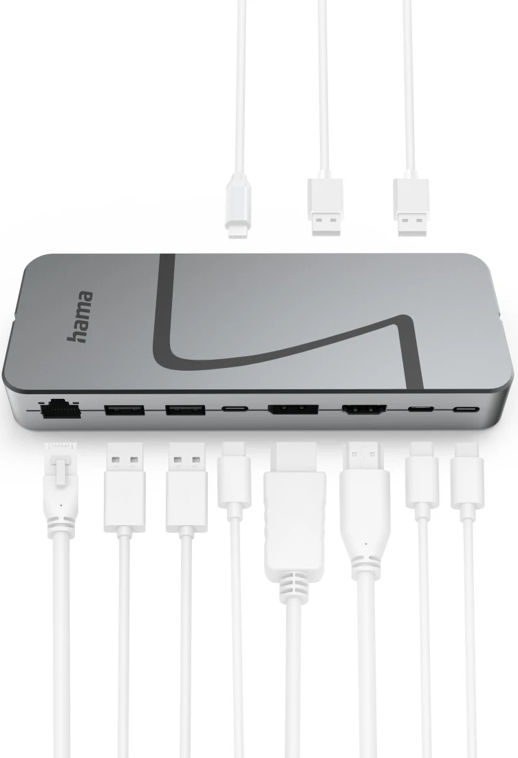 Un hub USB Hama argenté avec divers câbles blancs. Les câbles incluent USB, HDMI et USB-C, le tout sur fond blanc.