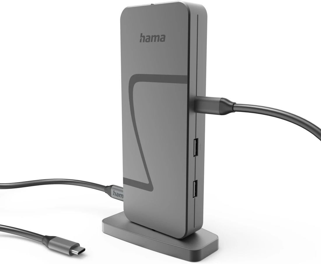 Un hub USB gris Hama avec des câbles branchés. Il possède des ports USB et un support sur fond blanc.