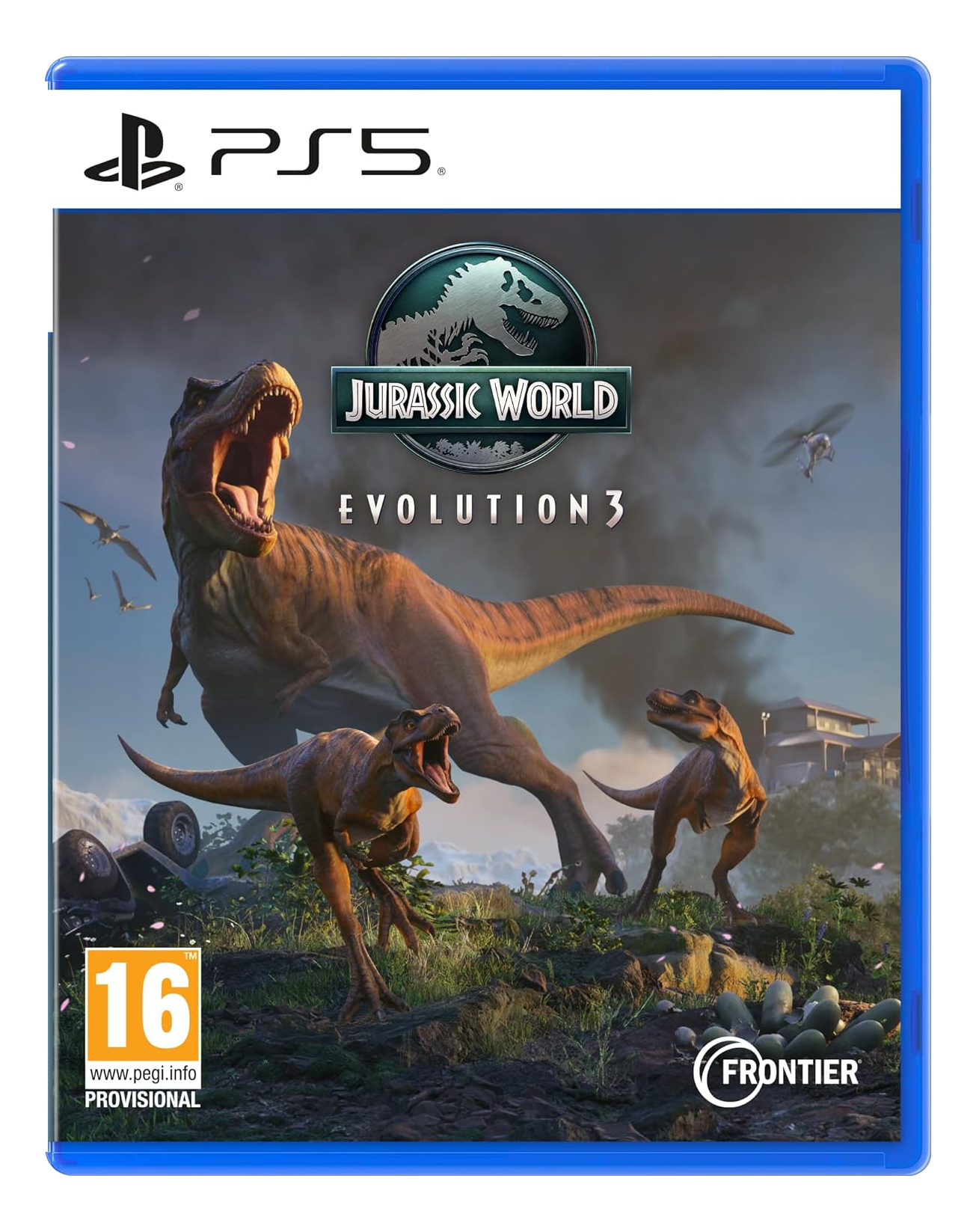 Cover: Jurassic World Evolution 3. Dinosaurier brüllen auf einem Hügel. Ein T-Rex und zwei Raptoren im Vordergrund.