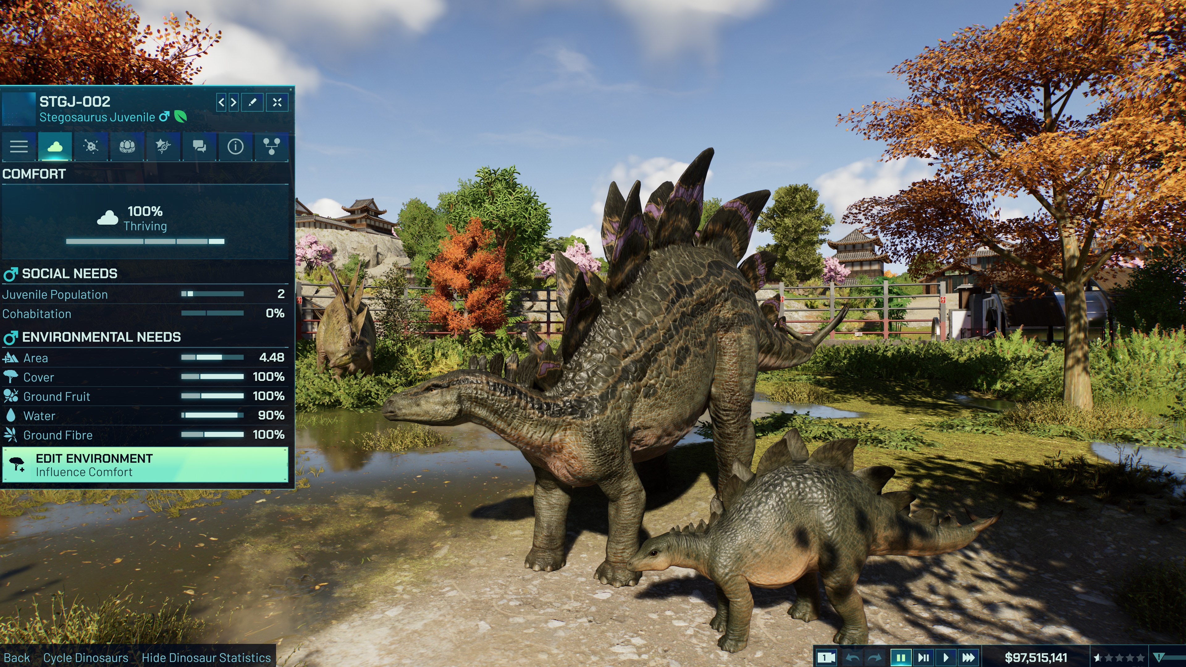 Zwei Stegosaurus-Dinosaurier, einer erwachsen und einer jung, stehen in der Nähe von Wasser. Die Szene spielt in einem Park im japanischen Stil.