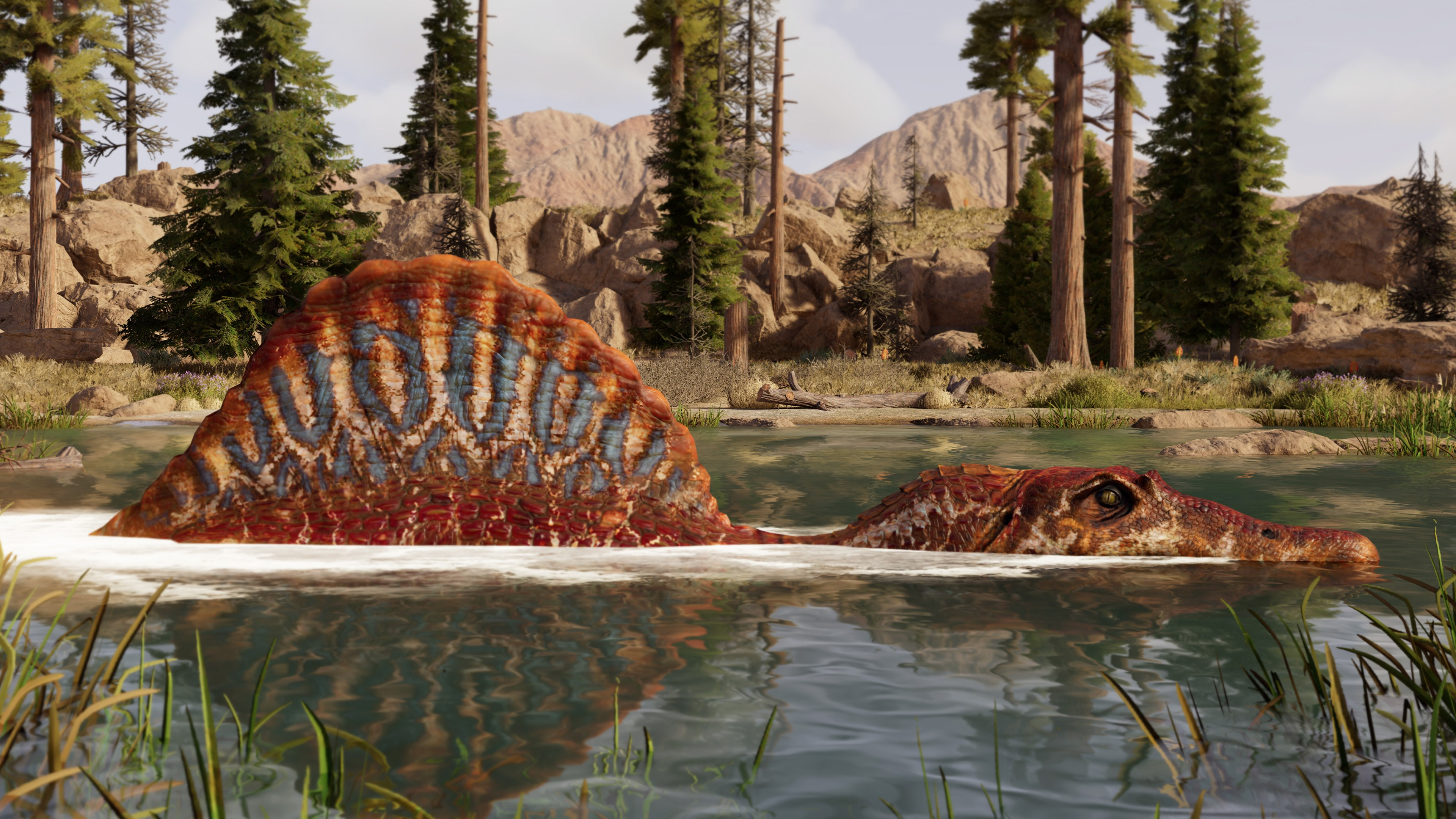 Ein Spinosaurus taucht aus dem Wasser auf. Sein Segel und Kopf sind sichtbar. Der Hintergrund zeigt Bäume, Felsen und Berge.