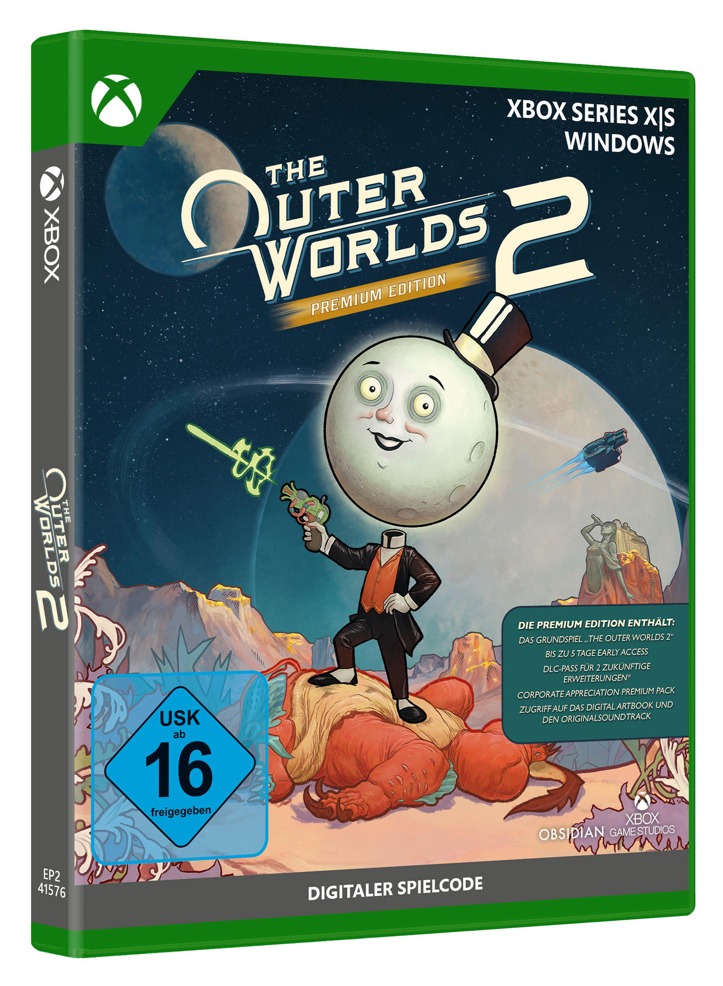 Spielbox von 'The Outer Worlds 2'. Eine mondköpfige Figur im Anzug hält eine Waffe. Ein Geschöpf und Planeten im Hintergrund.