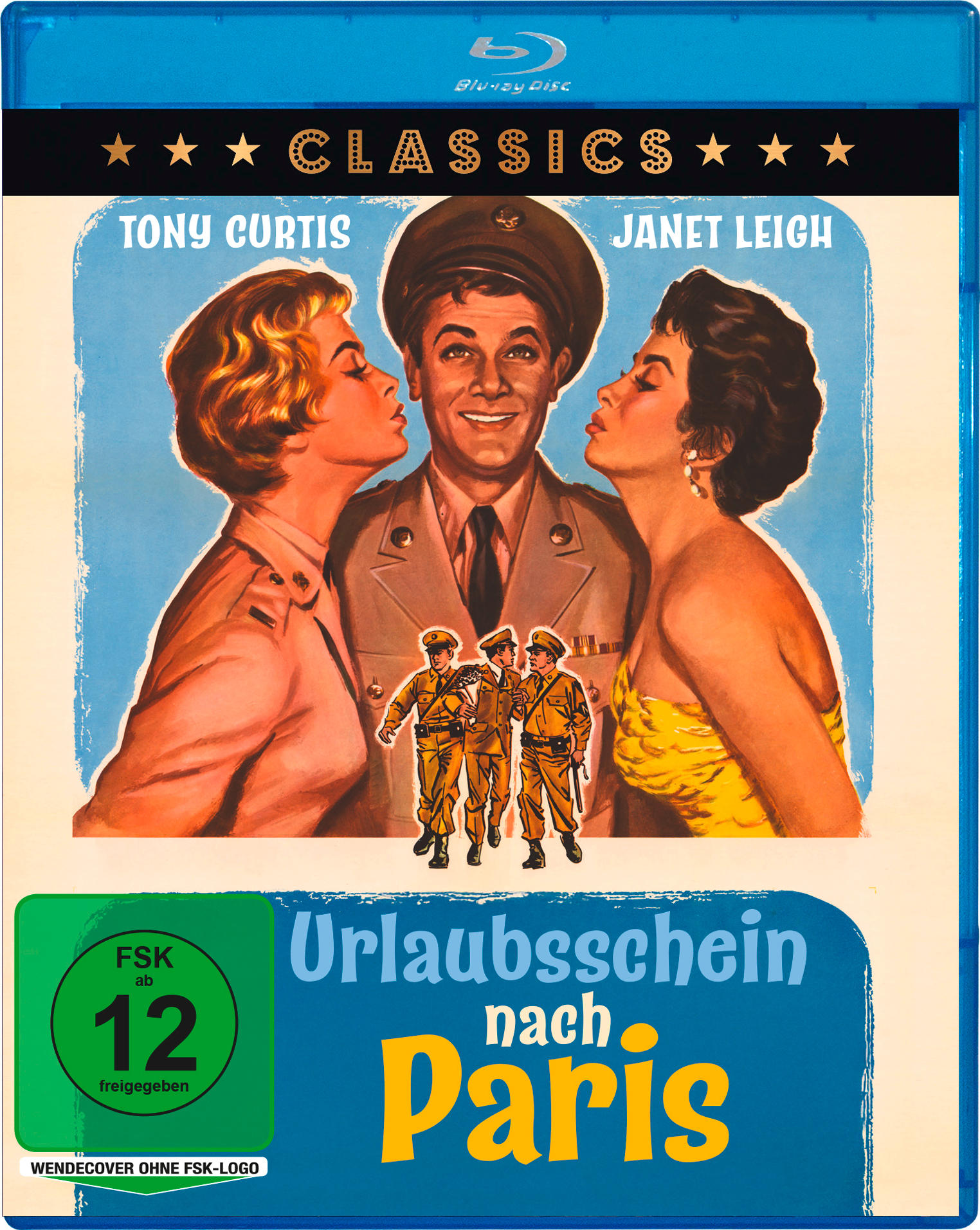 Filmposter zeigt Tony Curtis, Janet Leigh und einen Soldaten, mit dem Text "Urlaubsschein nach Paris."