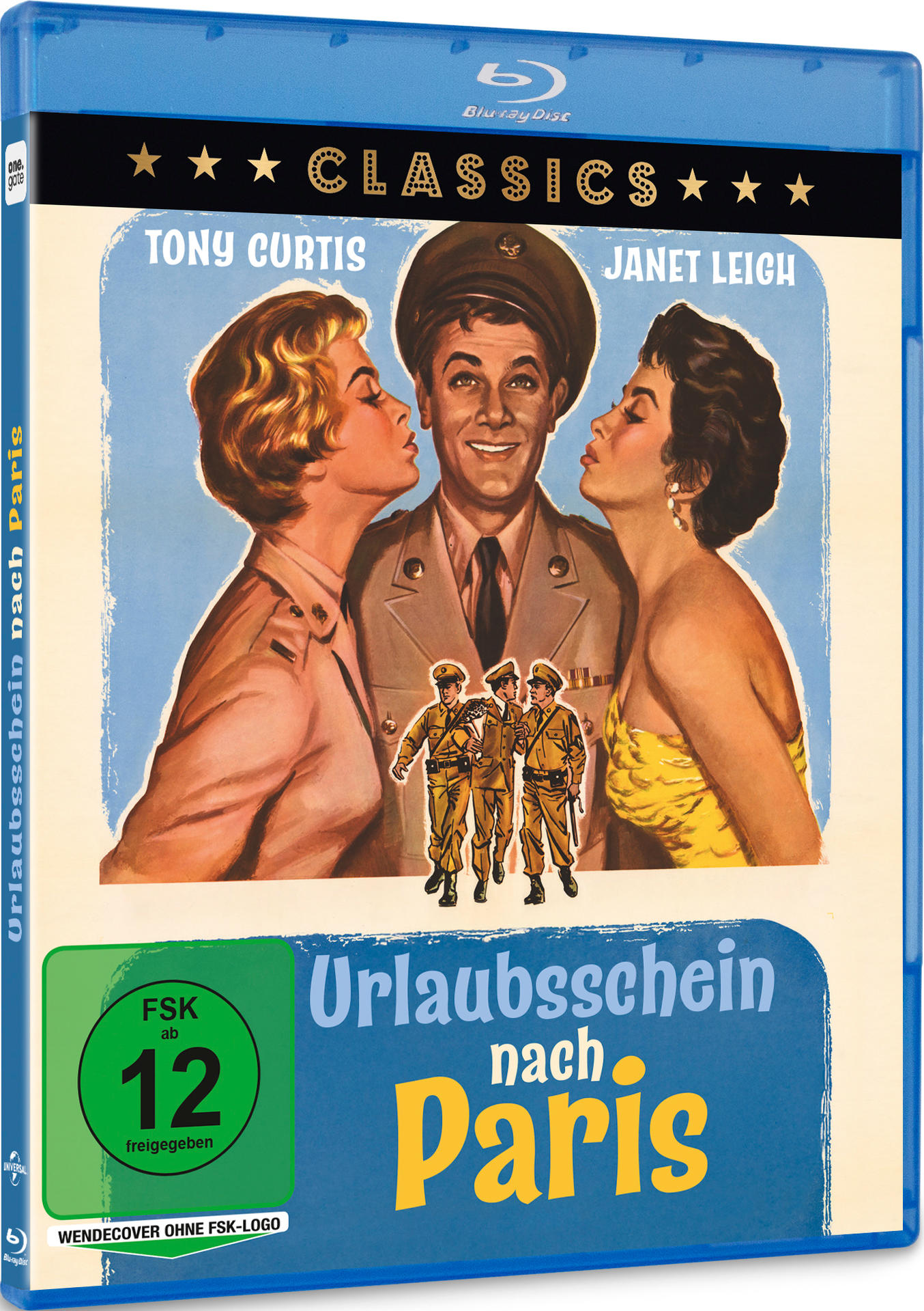 Filmposter: Tony Curtis und Janet Leigh küssen einen Mann in Uniform. Der Film heißt „Urlaubsschein nach Paris“.