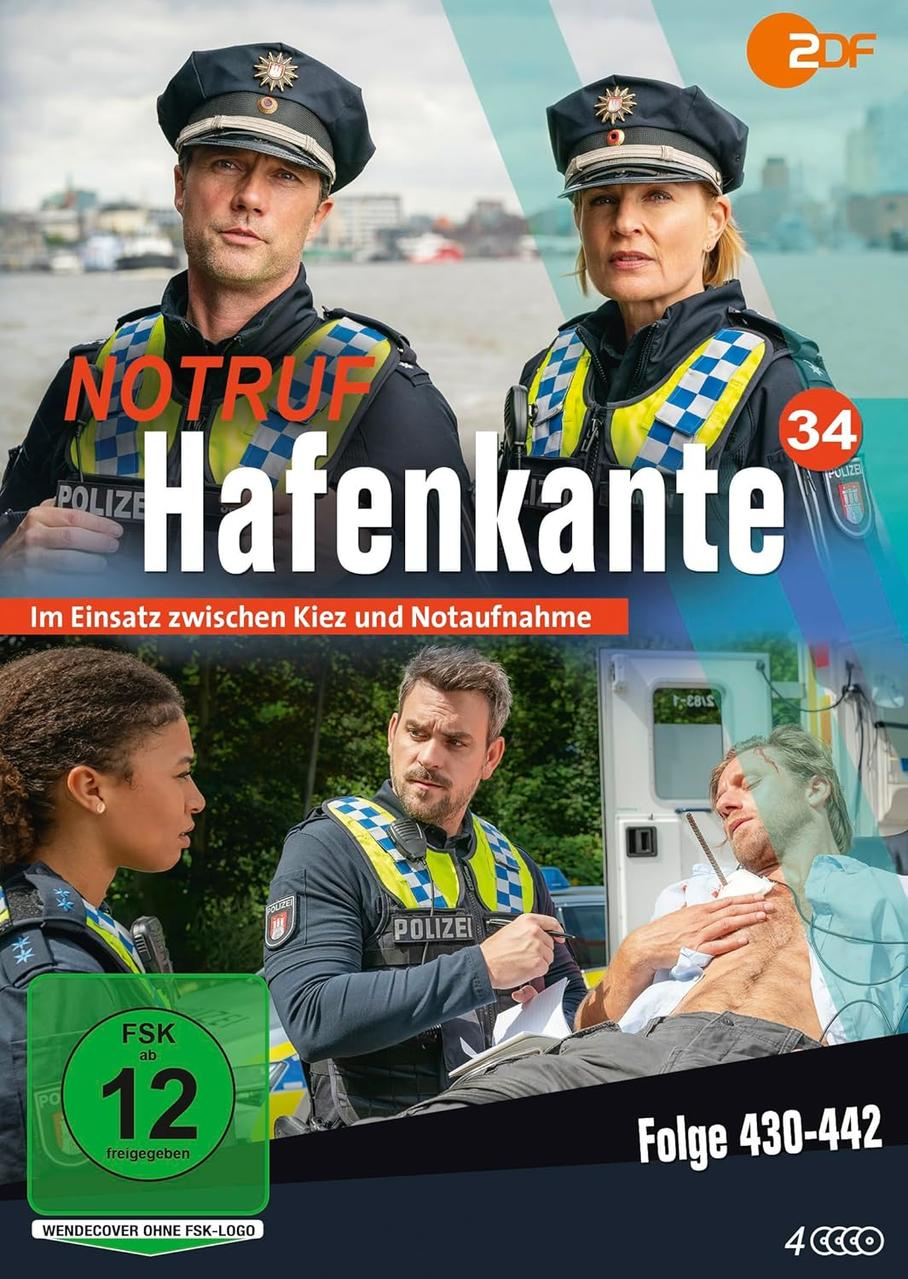 Poster der deutschen TV-Show 'Notruf Hafenkante'. Polizisten, Krankenwagen und verletzter Mann sind zu sehen.