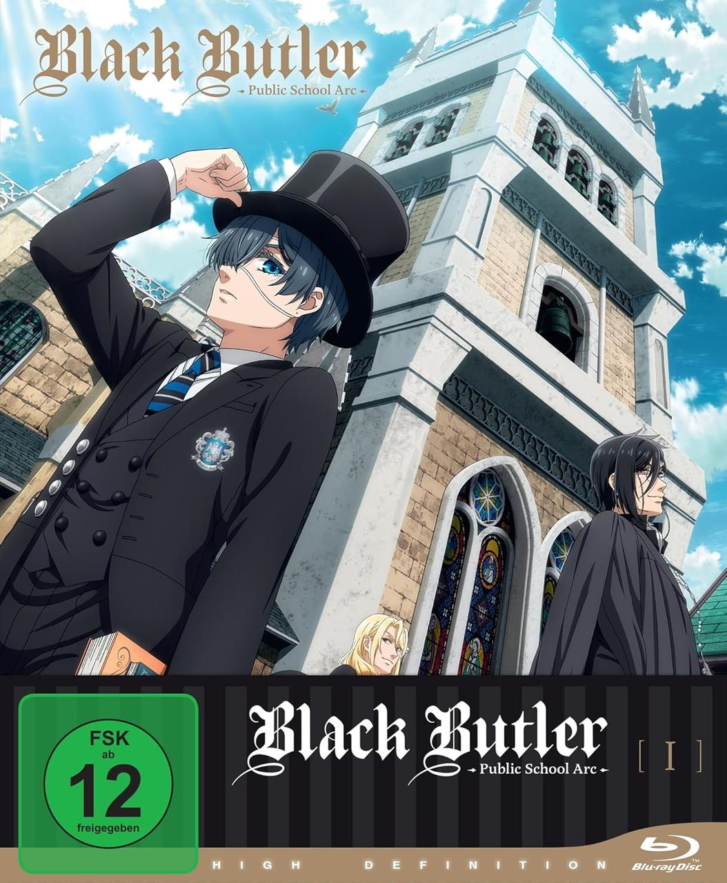 Anime-Cover von Black Butler. Ein junger Mann in Anzug und Zylinder blickt nach oben. Im Hintergrund ein kirchenähnliches Gebäude, mit anderen Charakteren.