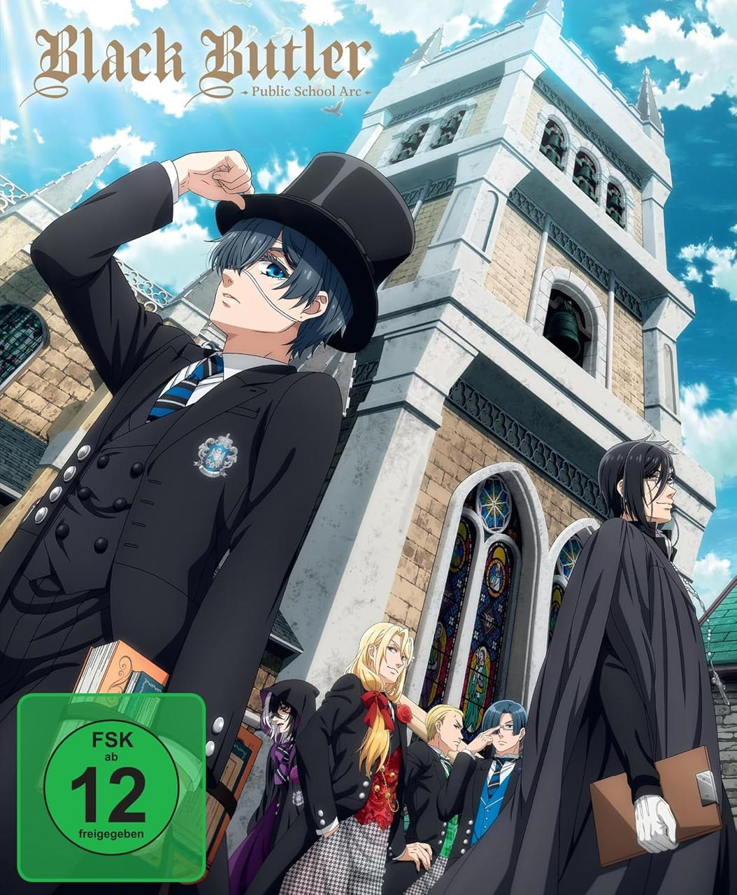 Anime-Kunst: Charaktere in formeller Kleidung stehen vor einer Kirche. Titel: Black Butler. Bewertungsschild. Blauer Himmel im Hintergrund.