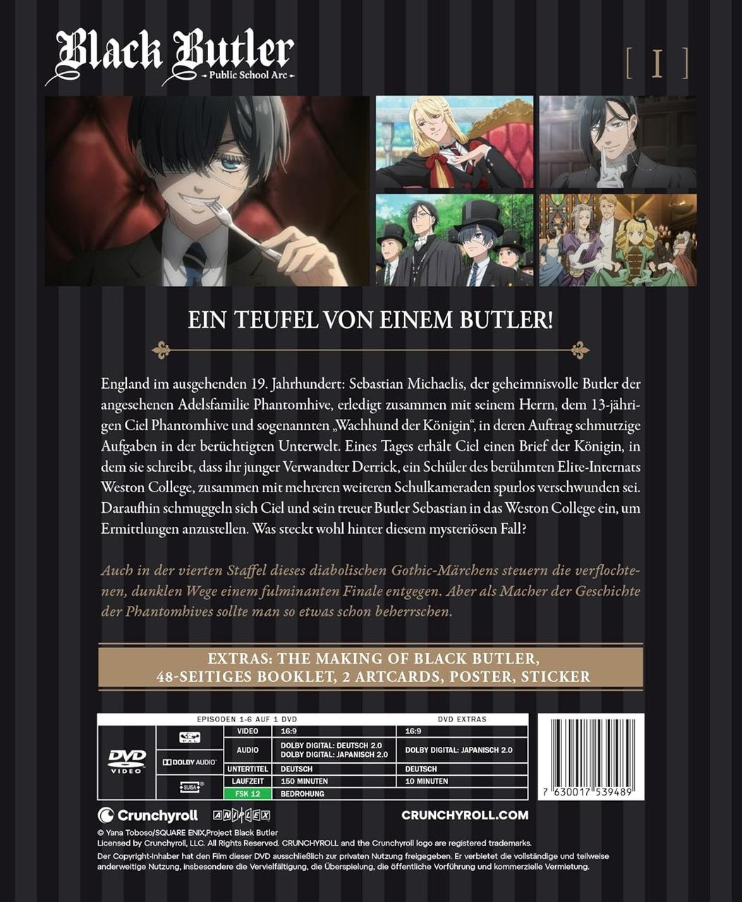 DVD-Cover für den Anime Black Butler. Enthält Charakterkunst, Text und einen DVD-Informationsabschnitt.
