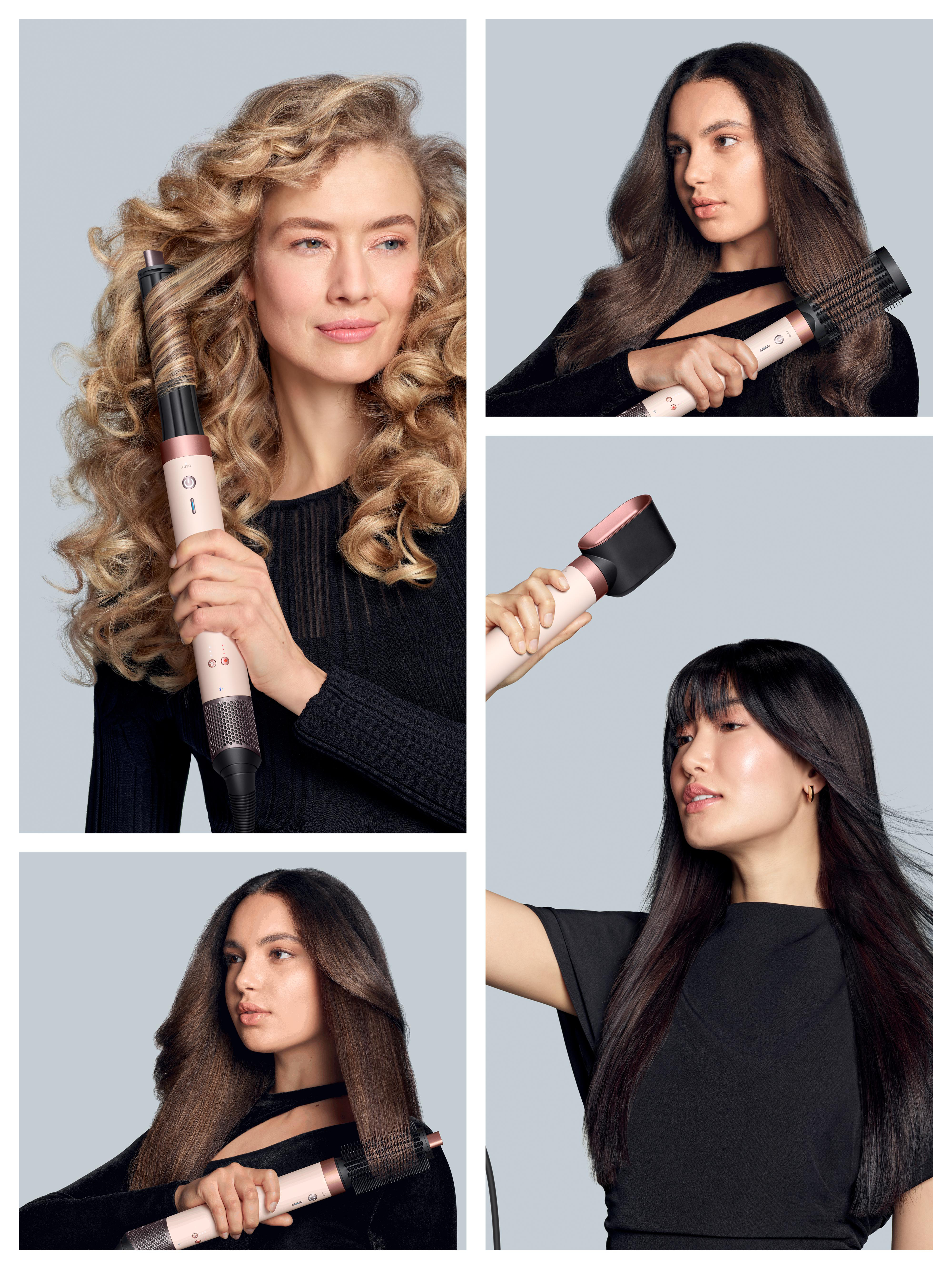 Frauen mit Haarstylern gestylt. Verschiedene Frisuren werden gezeigt. Das Gerät ist in den Händen jedes Models. Der Hintergrund ist grau.