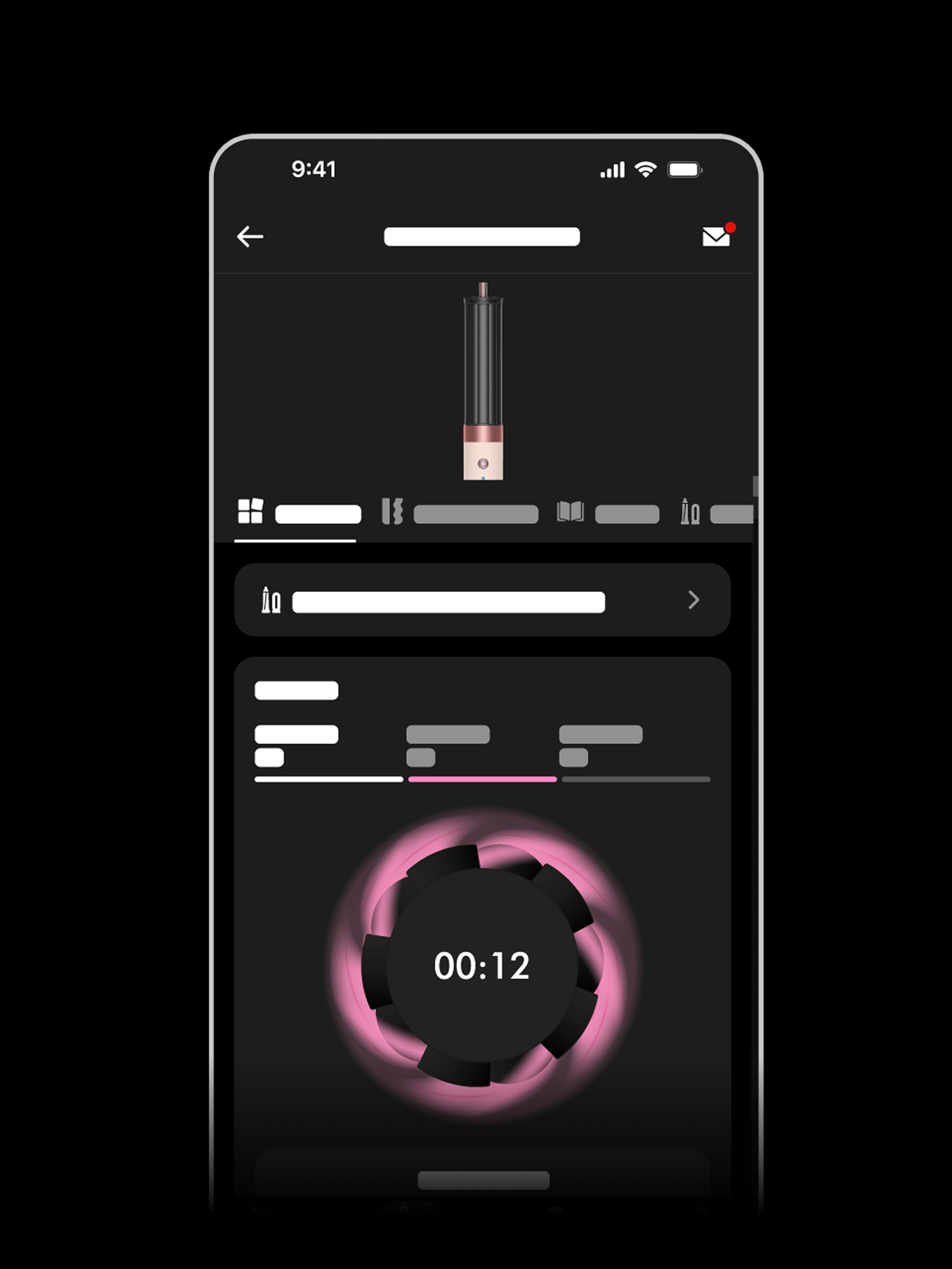 Ein Smartphone-Bildschirm zeigt eine App-Oberfläche. Es zeigt ein Gerät, Fortschrittsbalken und einen kreisförmigen Timer mit 00:12.