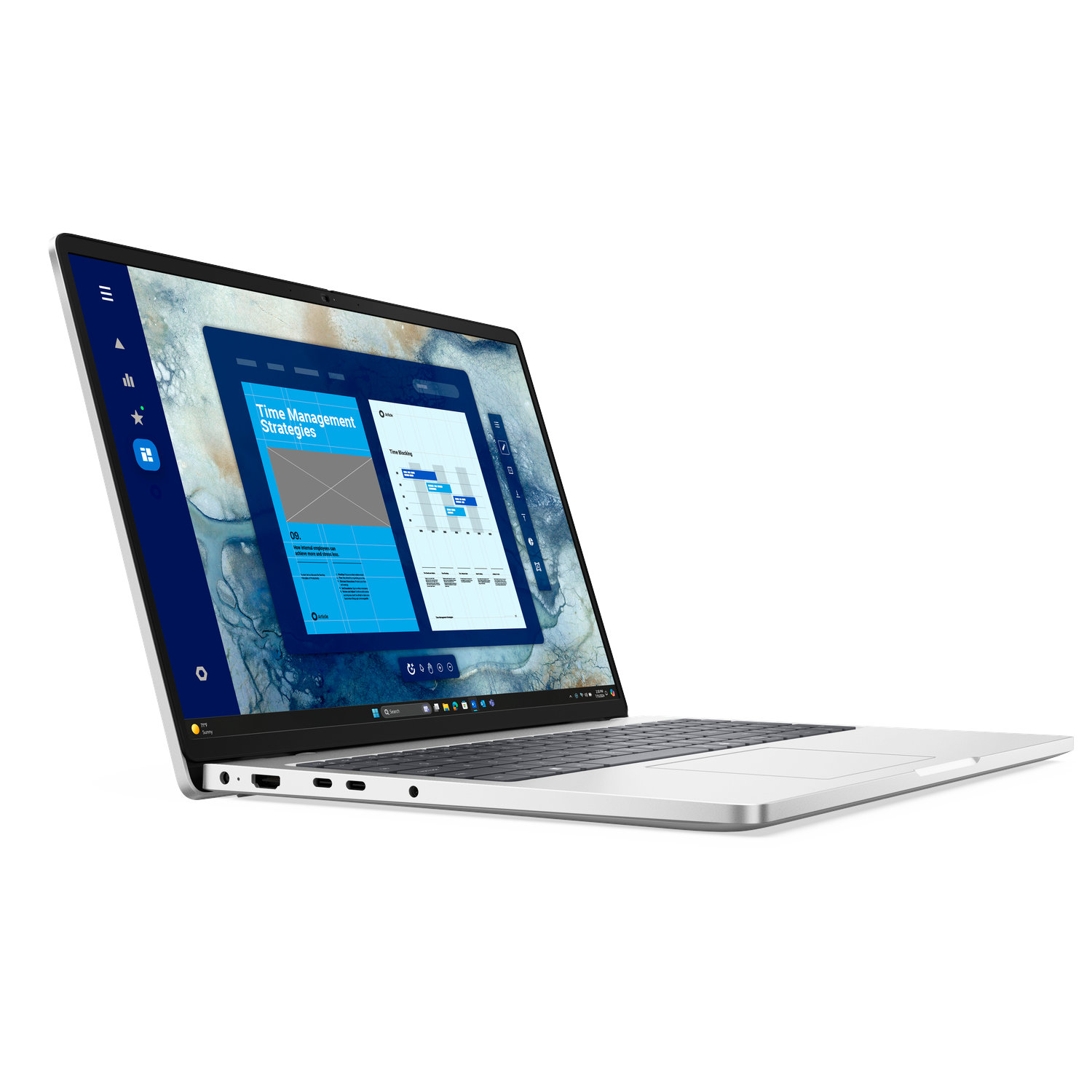 A silver laptop displays a screen about time management strategies, on a white background.