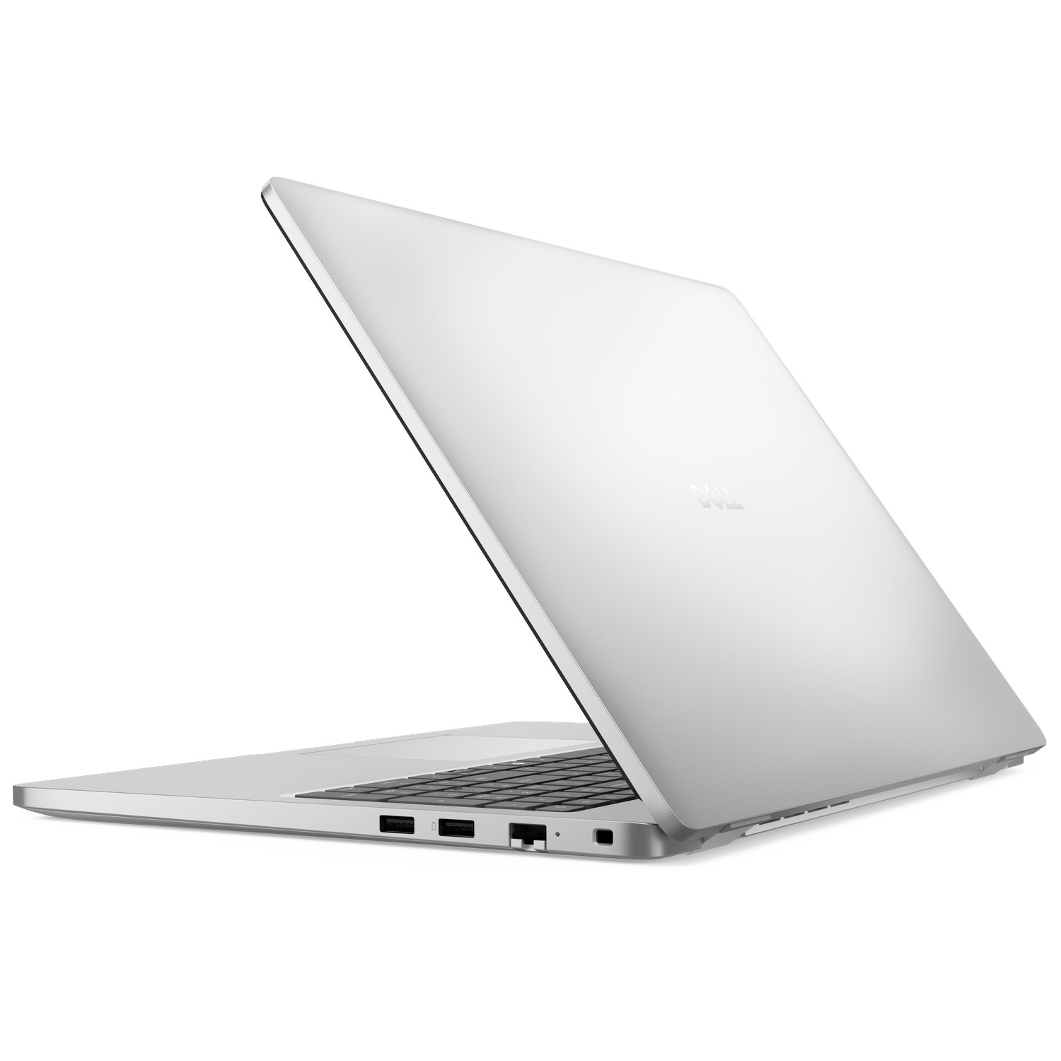 A silver Dell laptop is open, showing the keyboard and ports on its side.