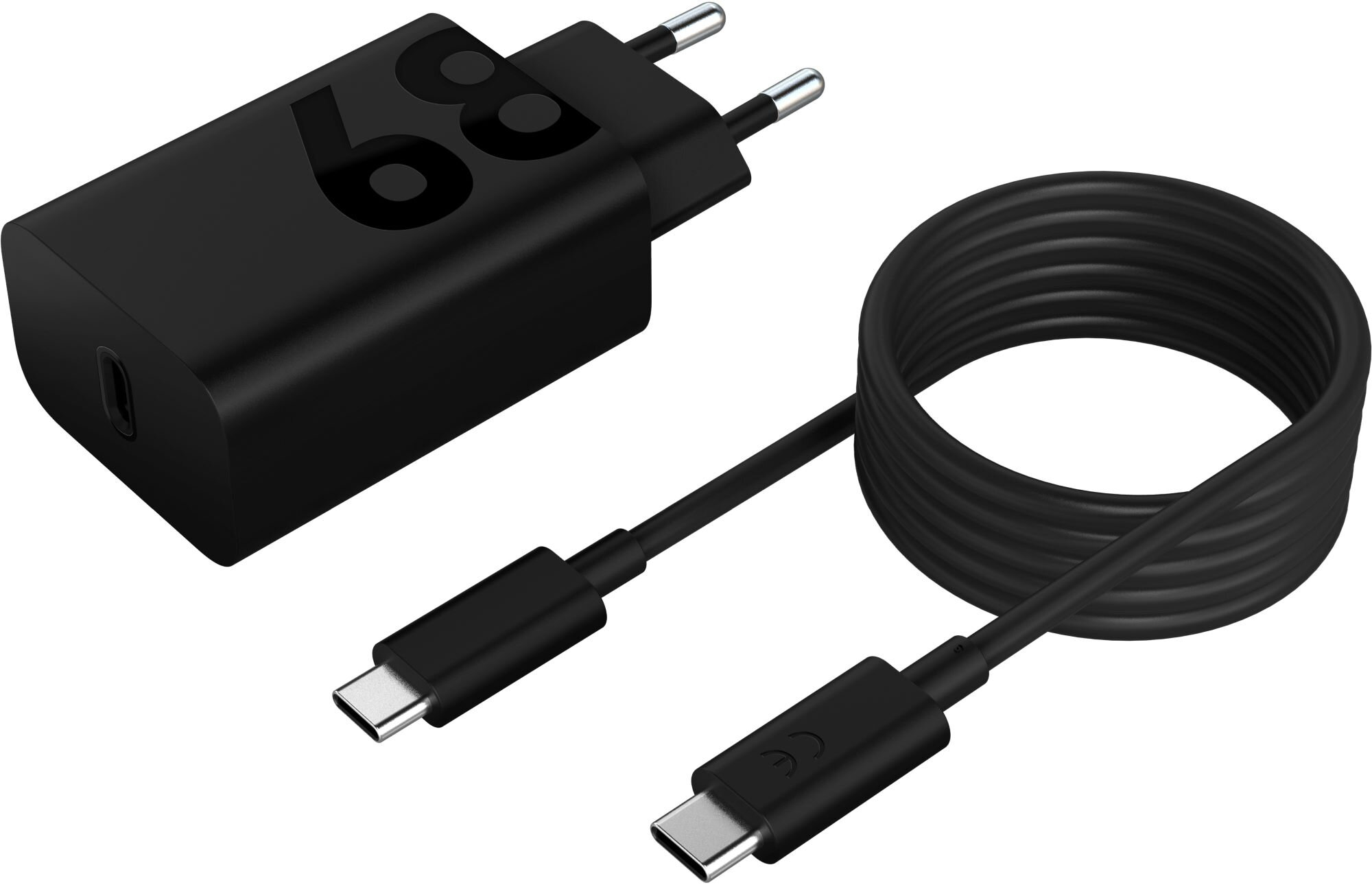 Czarna ładowarka z kablem USB-C. Ładowarka ma napis '68'. Kabel jest zwinięty.