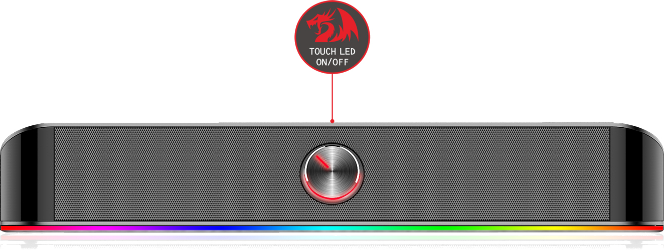 Czarny głośnik z siatkowym przodem. Ma okrągły przycisk sterowania i czerwone logo smoka. Na dole znajduje się wielokolorowe światło.