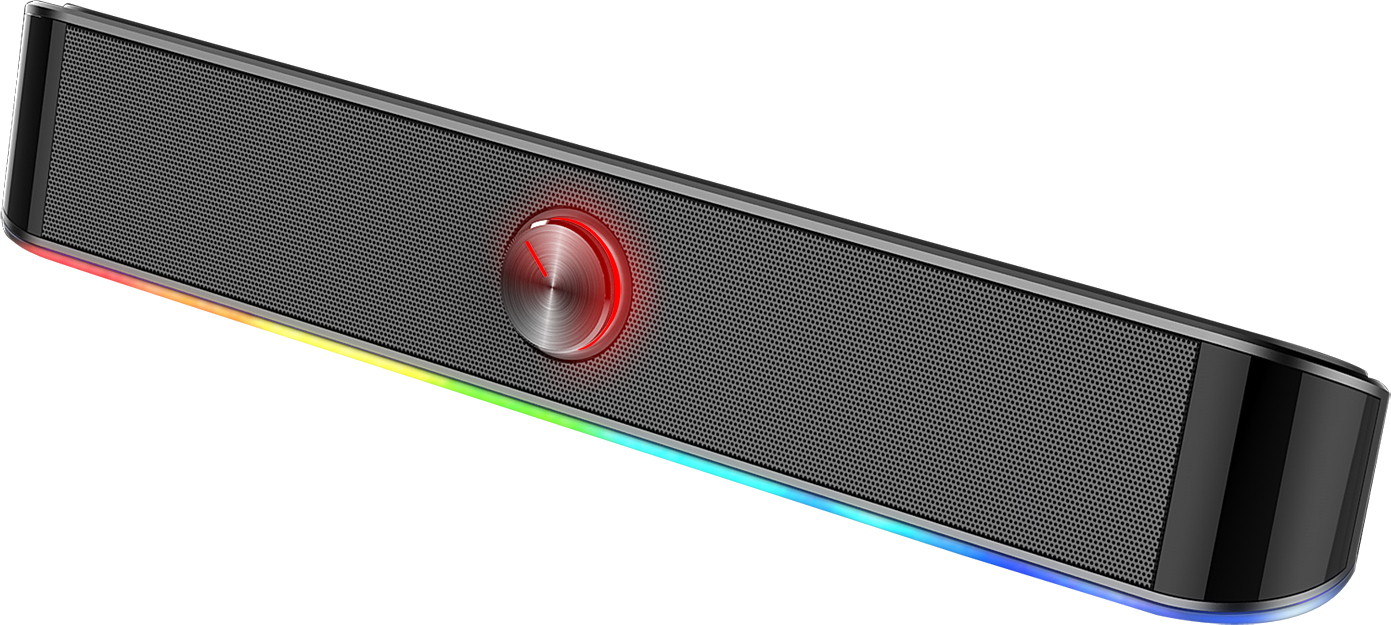 Długi, czarny soundbar z siatkowym przodem. Ma srebrne pokrętło głośności z czerwonym światłem. Kolorowy pasek świetlny na dole.