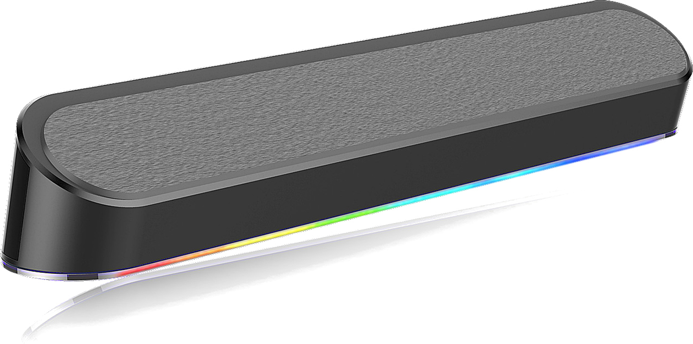 Czarne, prostokątne urządzenie z teksturowanym, szarym wierzchem. Ma kolorowy pasek LED na dolnej krawędzi. Białe tło.