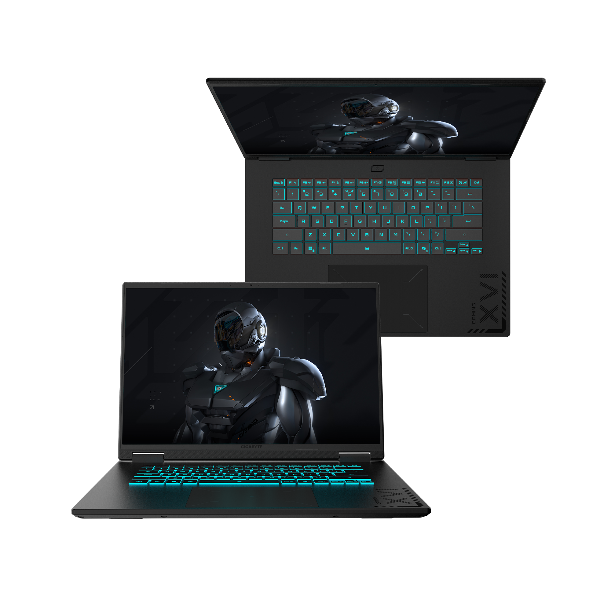 Un portátil negro con teclado iluminado, que muestra un diseño futurista. La pantalla muestra un robot.