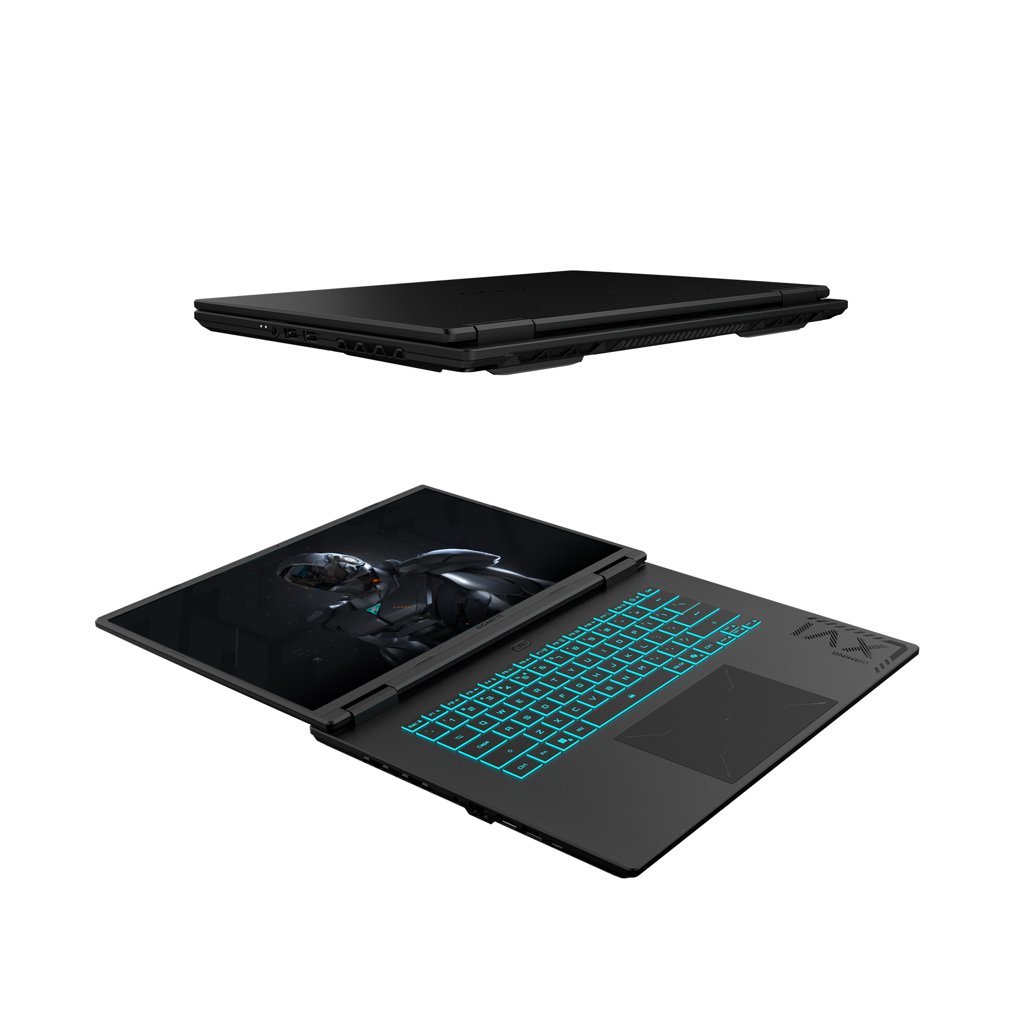 Laptop negro, abierto y cerrado. Teclado iluminado, teclas azules. Pantalla con imagen. El portátil abierto tiene un panel táctil.