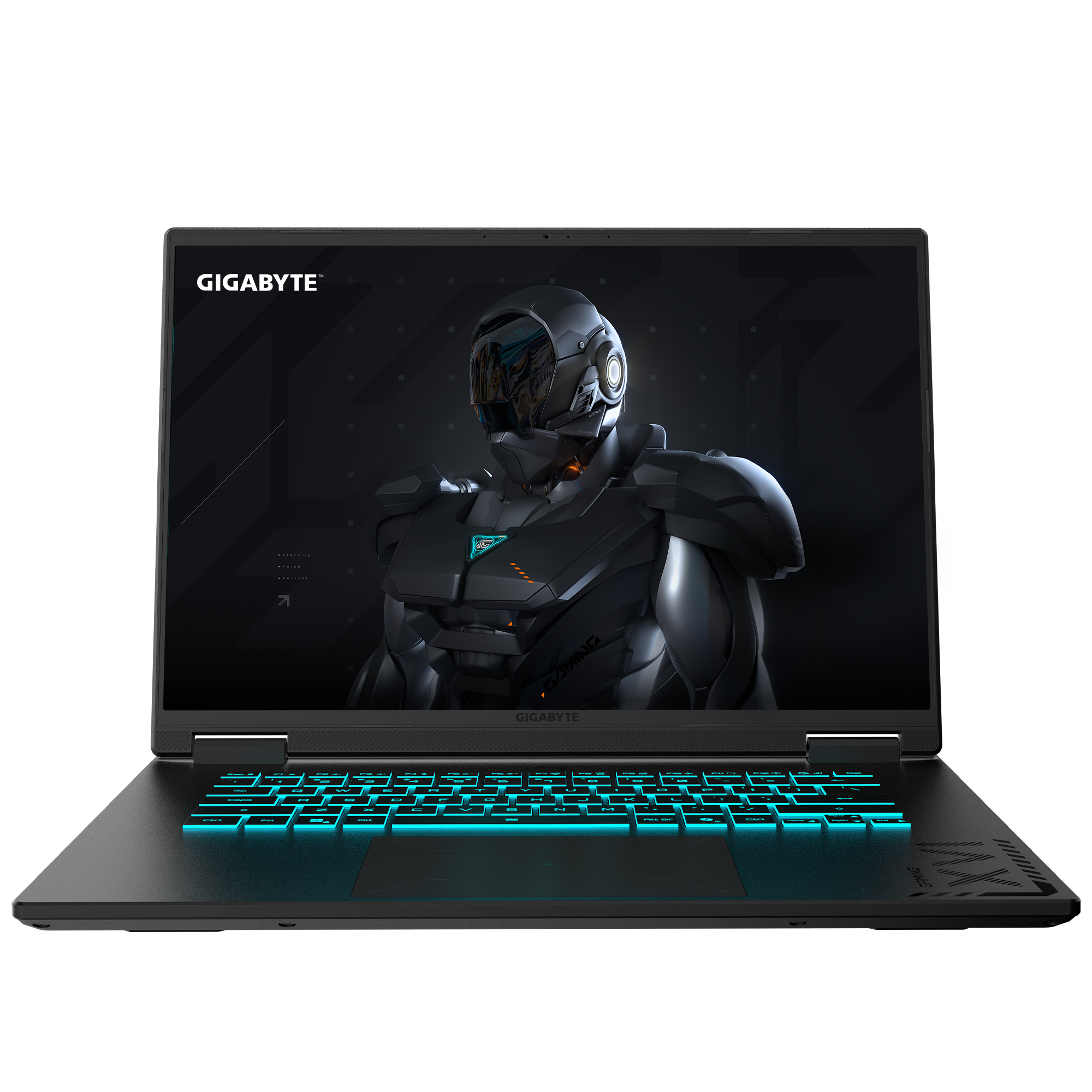 Un portátil negro con un teclado azul brillante muestra un robot futurista. La marca GIGABYTE es visible.